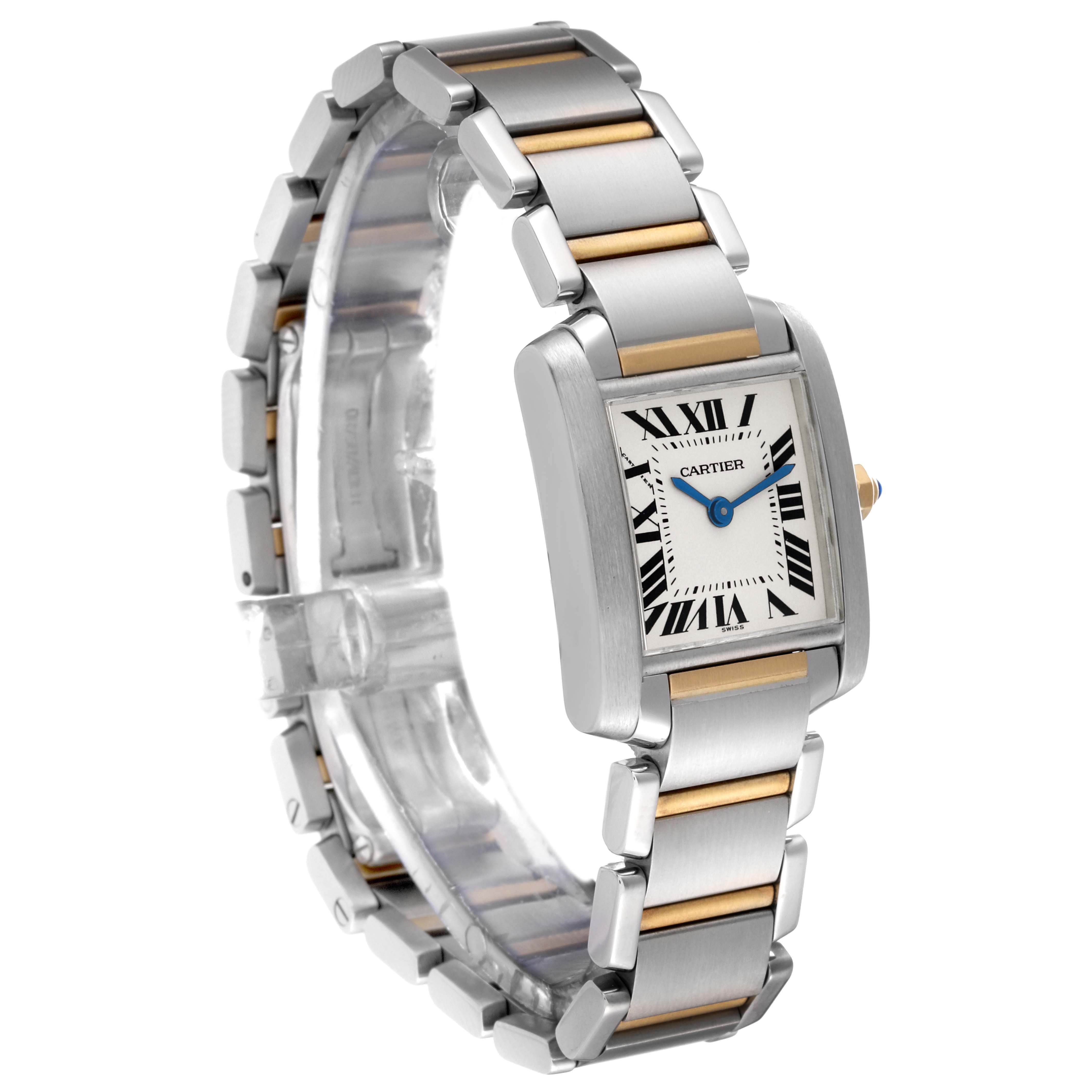 The image shows a Cartier Tank Francaise W51007Q4 Women's Steel and Gold (two tone) Silver Dial W51007Q4 Women's Steel and Gold (two tone) Silver Dial watch at a three-quarter angle, highlighting its face, bracelet, and case.