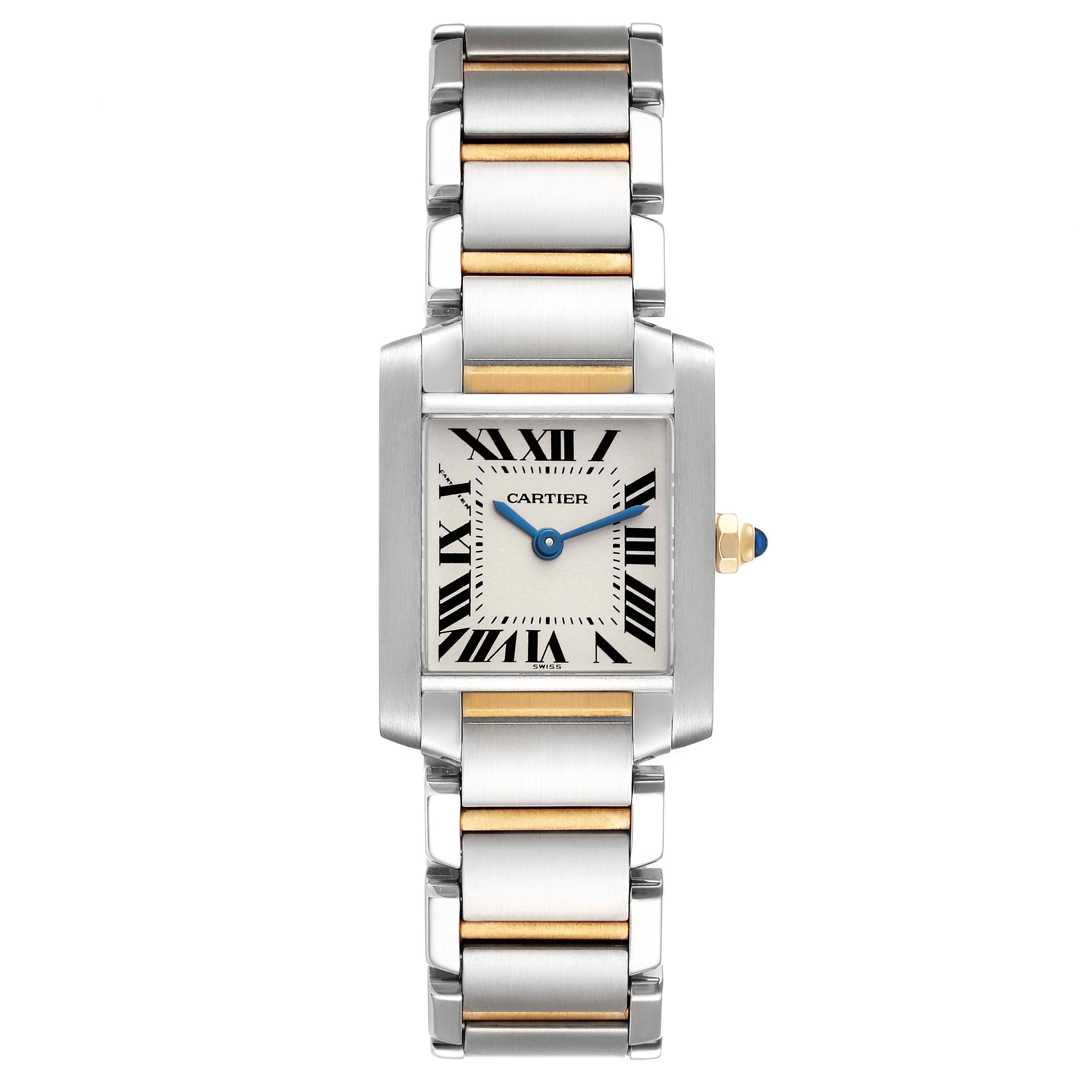 This image shows a front view of a Cartier Tank Francaise W51007Q4 Women's Steel and Gold (two tone) Silver Dial W51007Q4 Women's Steel and Gold (two tone) Silver Dial watch, displaying its rectangular dial and two-tone metal bracelet.