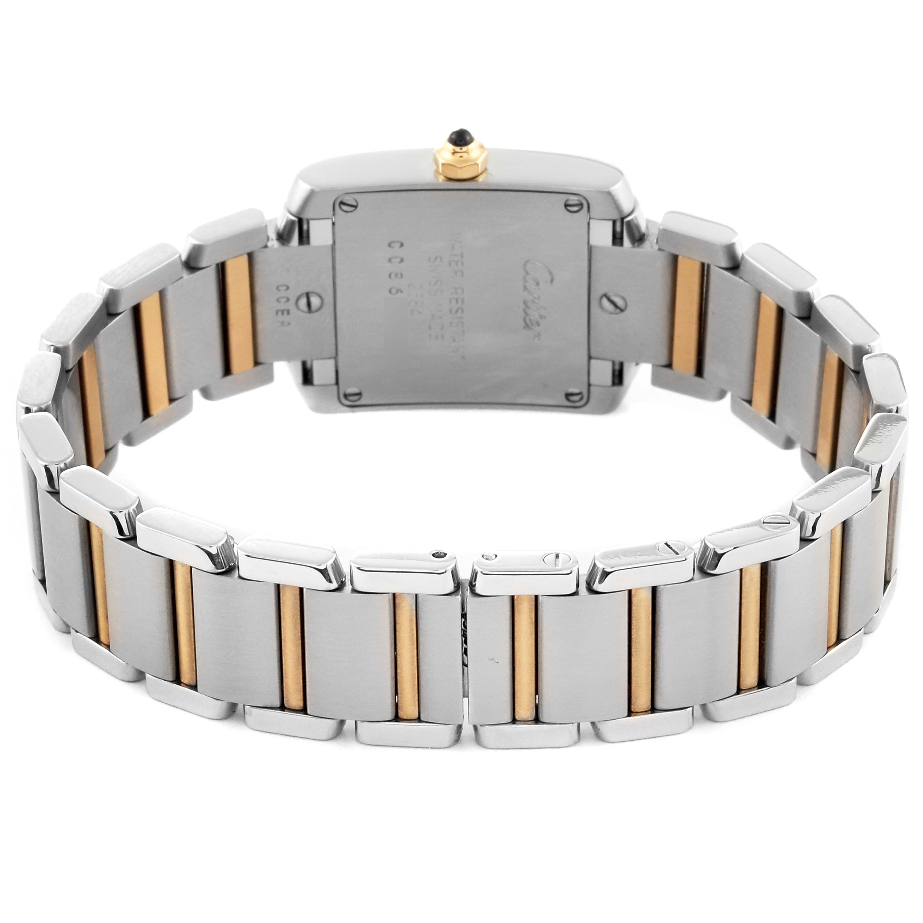 The image shows the back view of a Cartier Tank Française watch, highlighting the bracelet and case back.