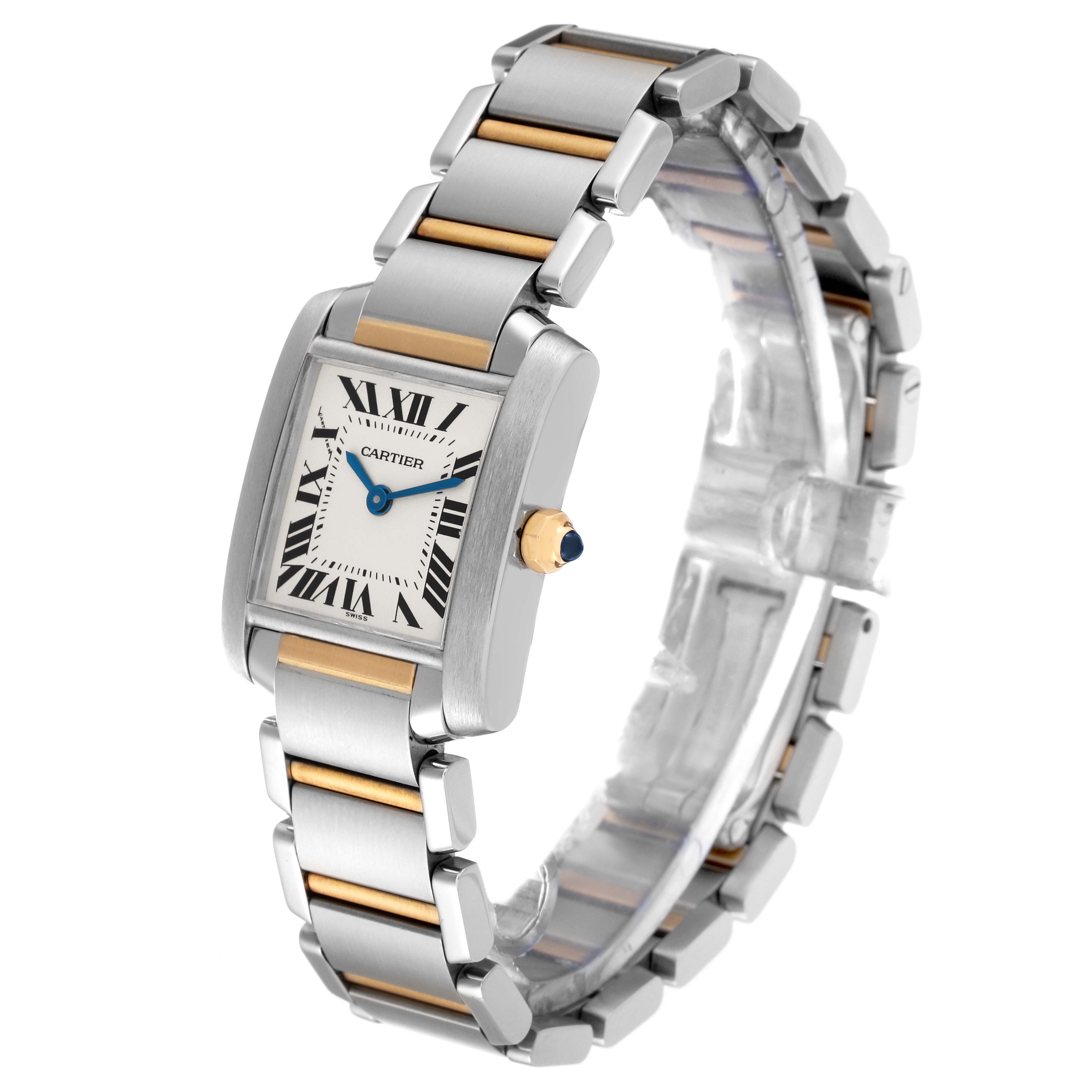 The image shows a Cartier Tank Francaise W51007Q4 Women's Steel and Gold (two tone) Silver Dial W51007Q4 Women's Steel and Gold (two tone) Silver Dial watch from a front-side angle, highlighting its rectangular face and metal bracelet.