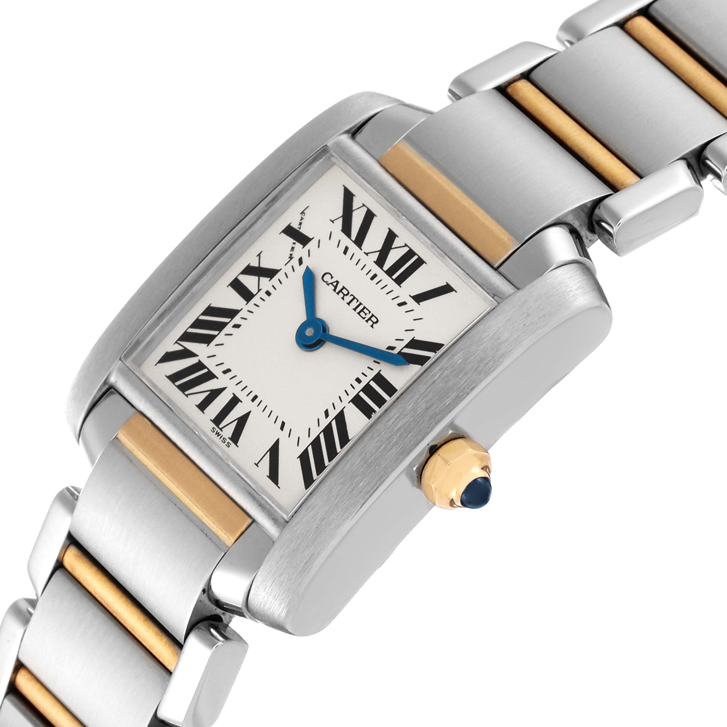 This Cartier Tank Française watch is shown at an angle, displaying its rectangular face, blue hands, Roman numerals, and metal bracelet.