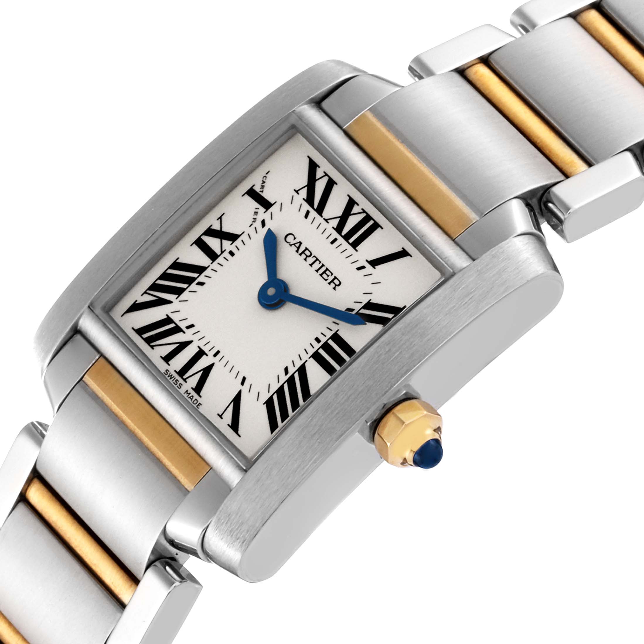 The image shows a close-up angled view of a Cartier Tank Francaise W51007Q4 Women
s Steel and Gold (two tone) Silver Dial W51007Q4 Women
s Steel and Gold (two tone) Silver Dial watch, highlighting its two-tone bracelet, dial, and crown.