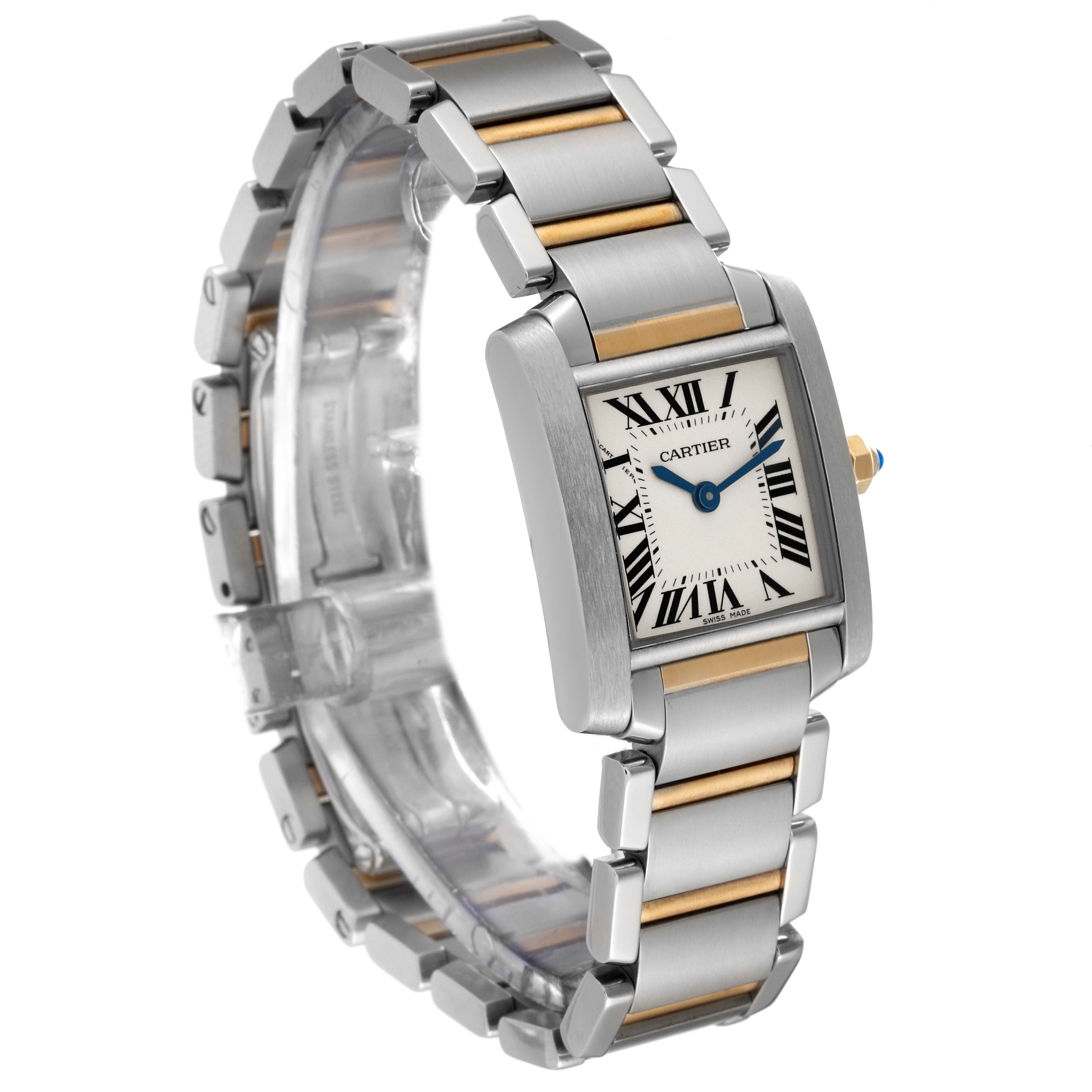 The image shows a Cartier Tank Francaise W51007Q4 Women
s Steel and Gold (two tone) Silver Dial W51007Q4 Women
s Steel and Gold (two tone) Silver Dial watch from an angled side view, highlighting its two-tone bracelet and rectangular face.
