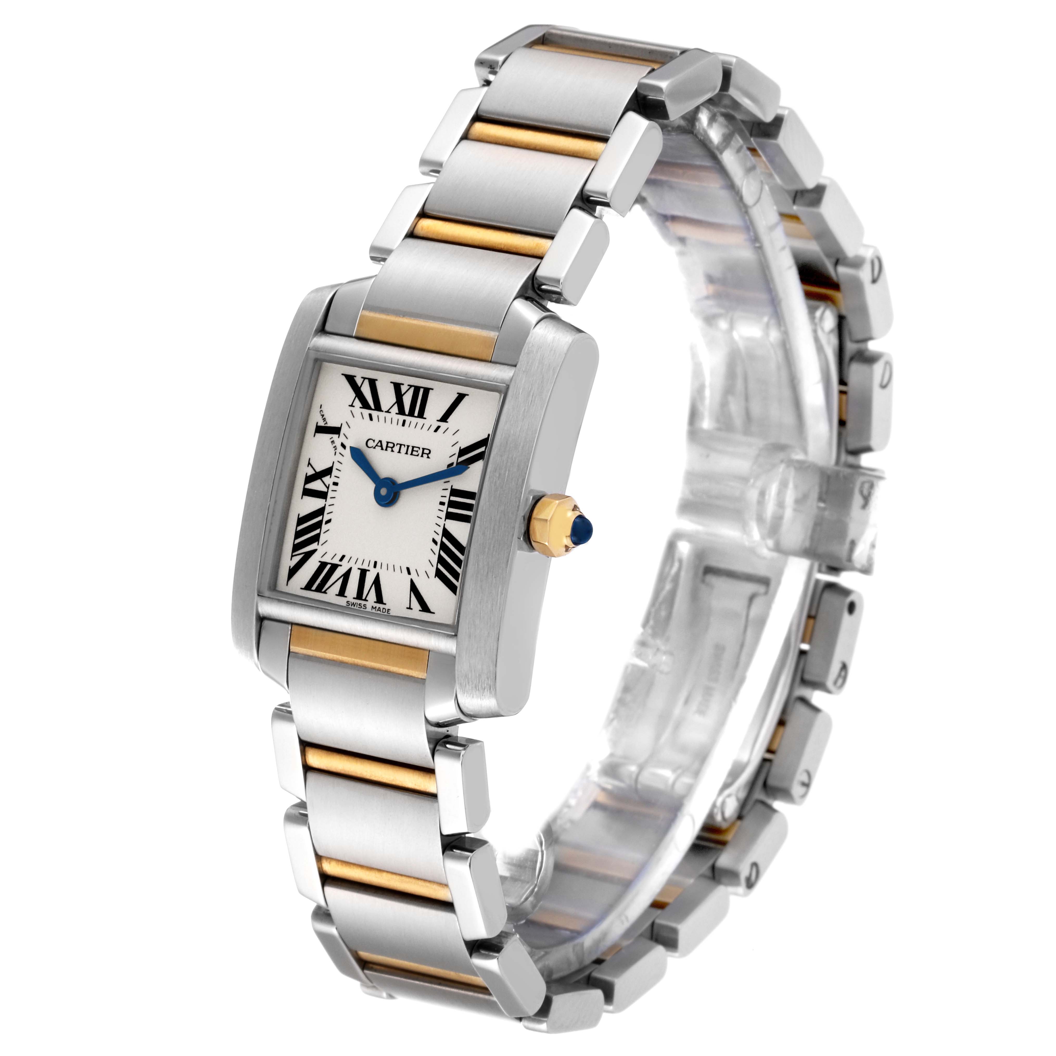 The Cartier Tank Francaise W51007Q4 Women
s Steel and Gold (two tone) Silver Dial W51007Q4 Women
s Steel and Gold (two tone) Silver Dial watch is shown at an angle displaying its face and side, highlighting its two-tone bracelet.