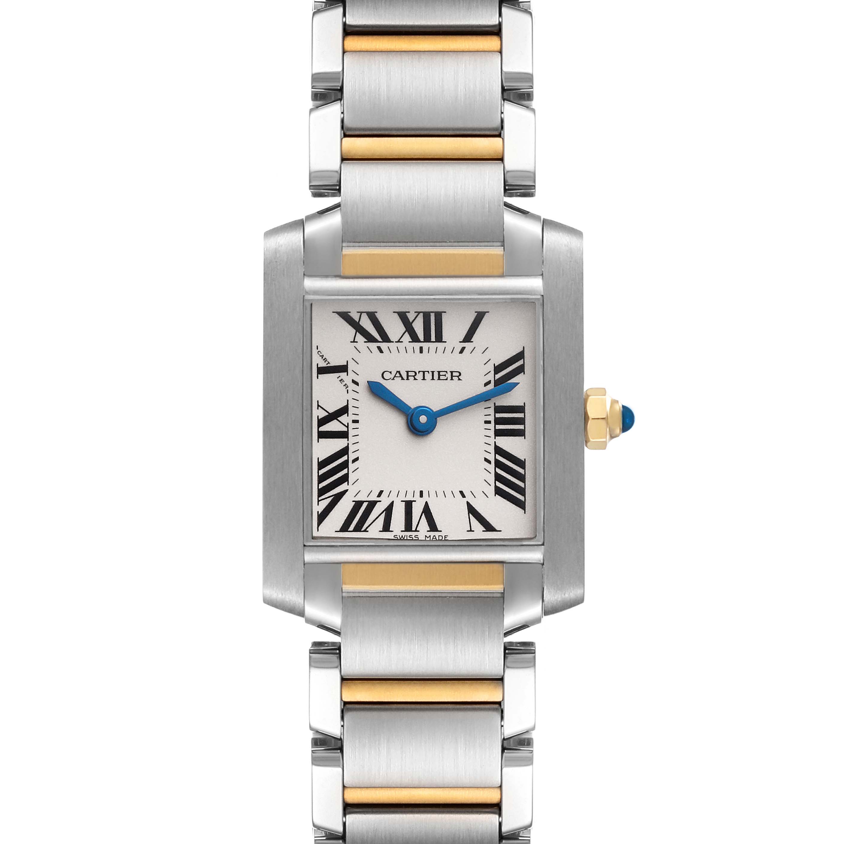 The image shows a front view of the Cartier Tank Francaise W51007Q4 Women
s Steel and Gold (two tone) Silver Dial W51007Q4 Women
s Steel and Gold (two tone) Silver Dial watch, highlighting its face, bracelet, and crown.