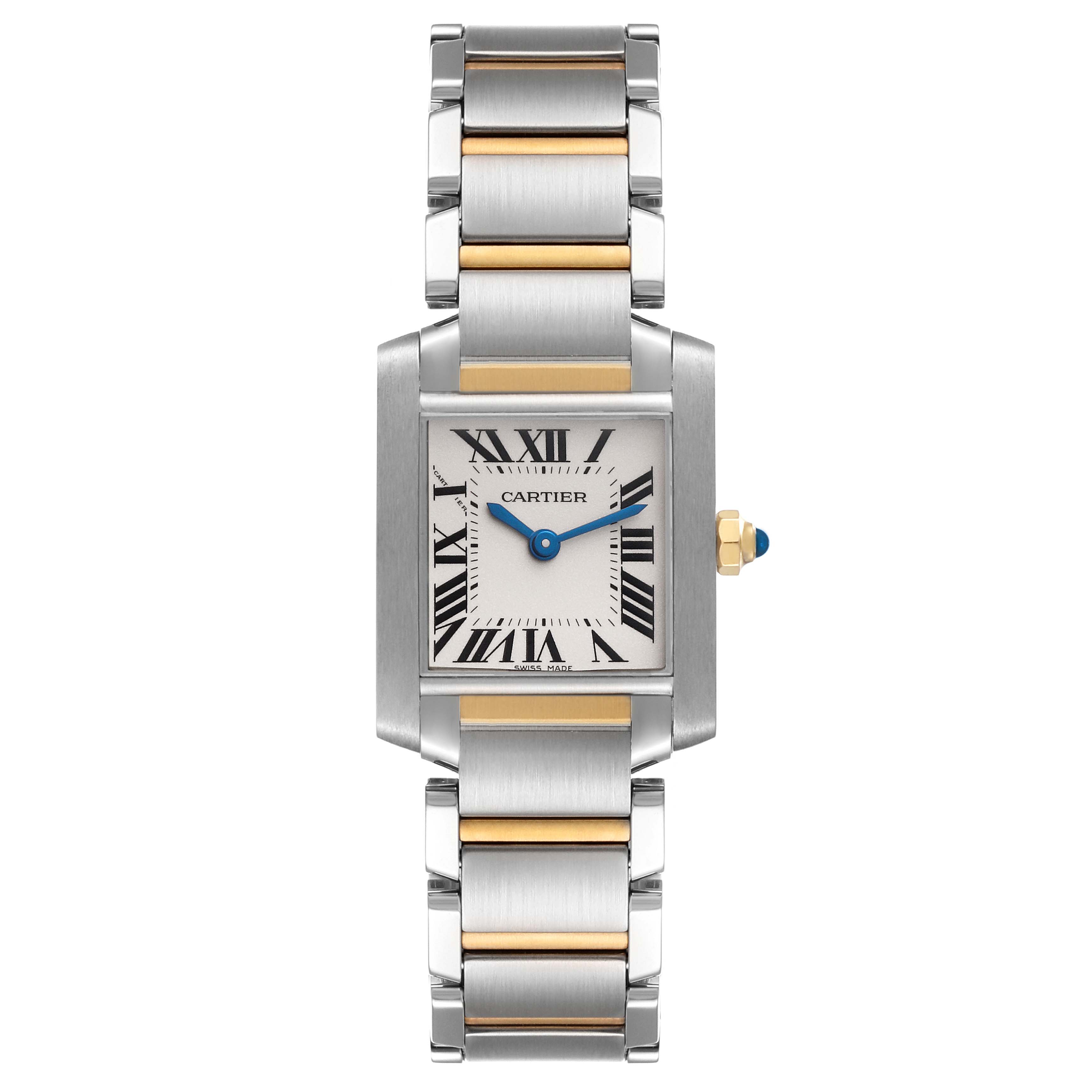 This image shows a Cartier Tank Francaise W51007Q4 Women
s Steel and Gold (two tone) Silver Dial W51007Q4 Women
s Steel and Gold (two tone) Silver Dial watch from a front angle, displaying the face, bracelet, and crown.