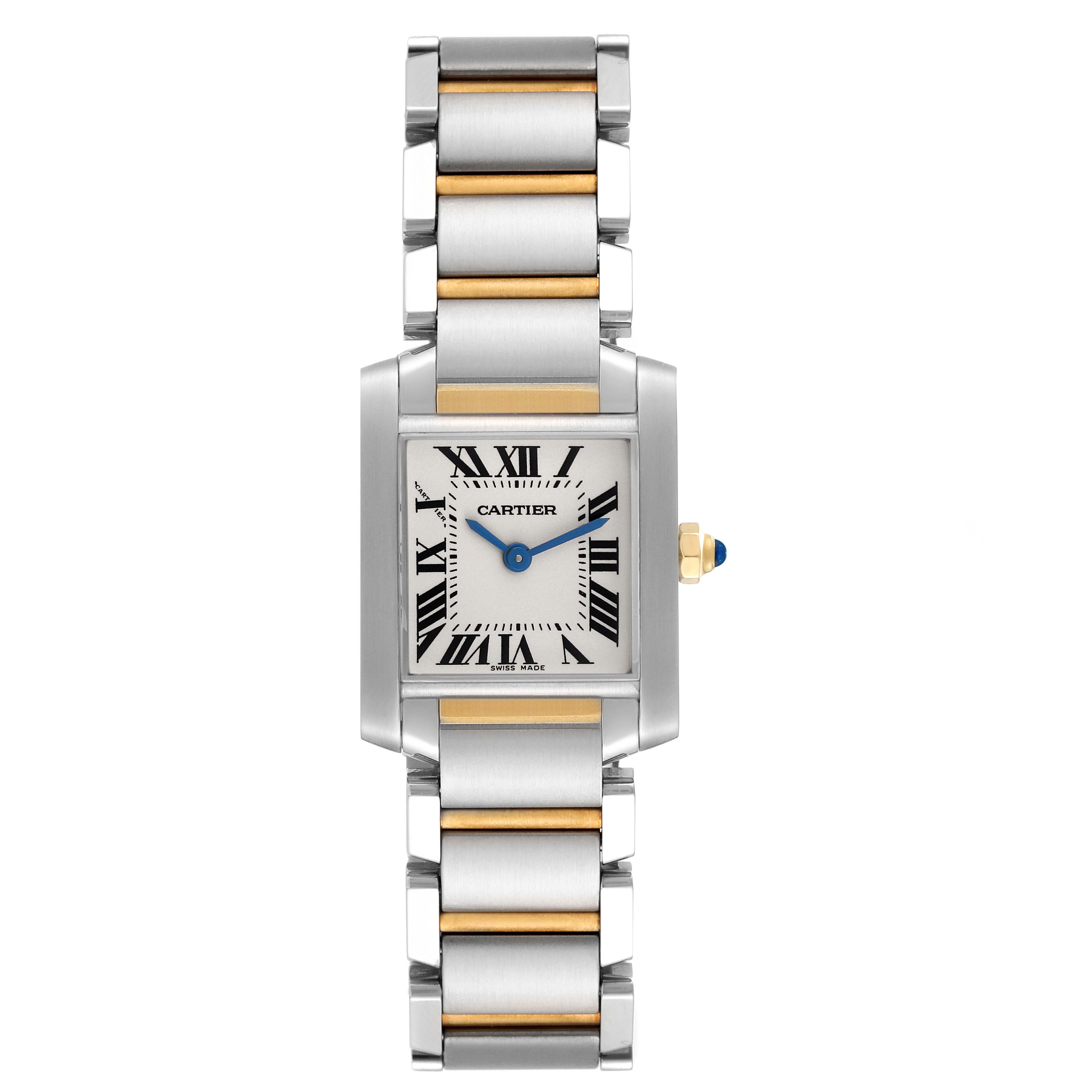 The image shows a front view of a Cartier Tank Francaise W51007Q4 Women
s Steel and Gold (two tone) Silver Dial W51007Q4 Women
s Steel and Gold (two tone) Silver Dial watch, highlighting its bracelet, rectangular dial, and blue sword-shaped hands.