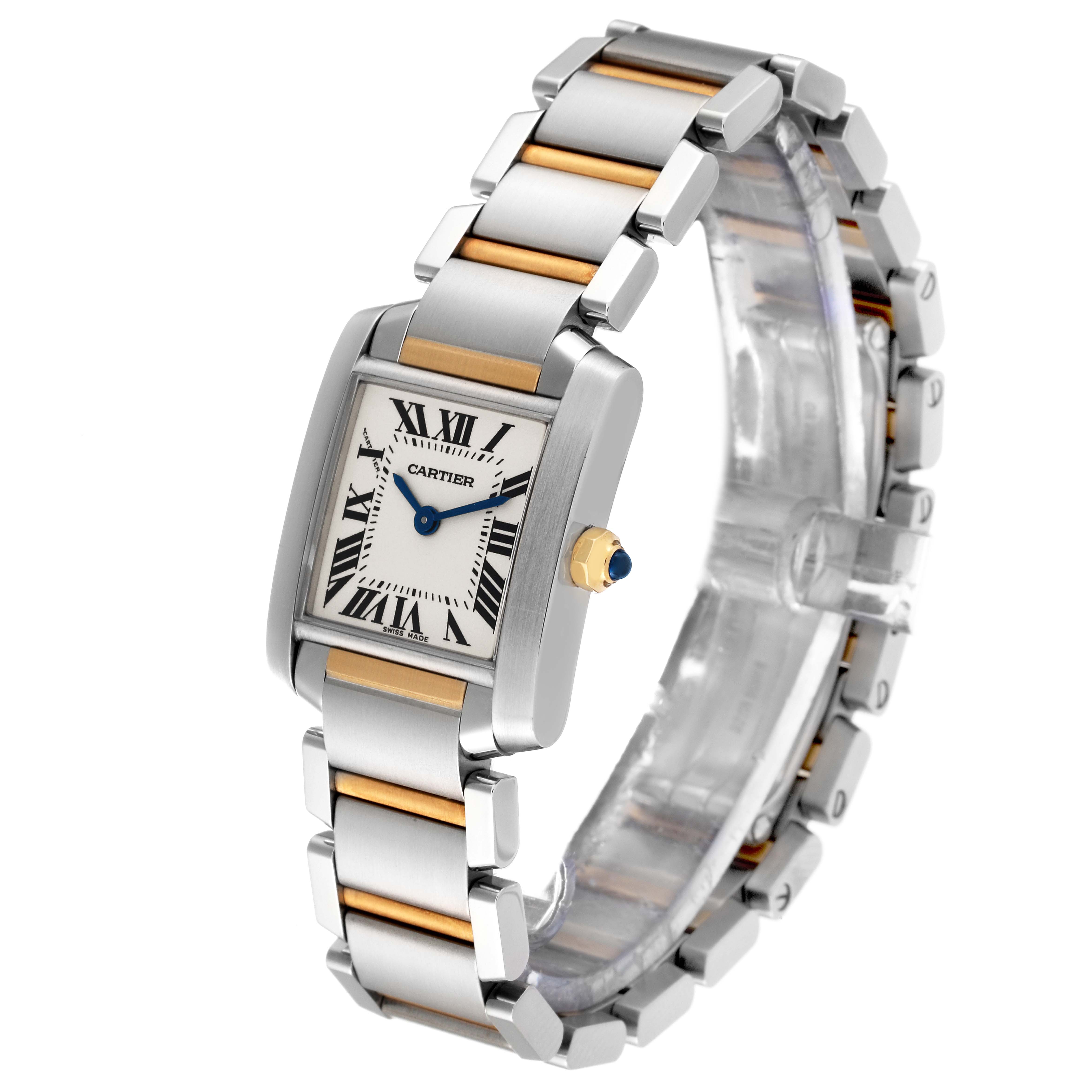 The image shows a Cartier Tank Française watch at a three-quarter angle, highlighting the dial and bracelet.