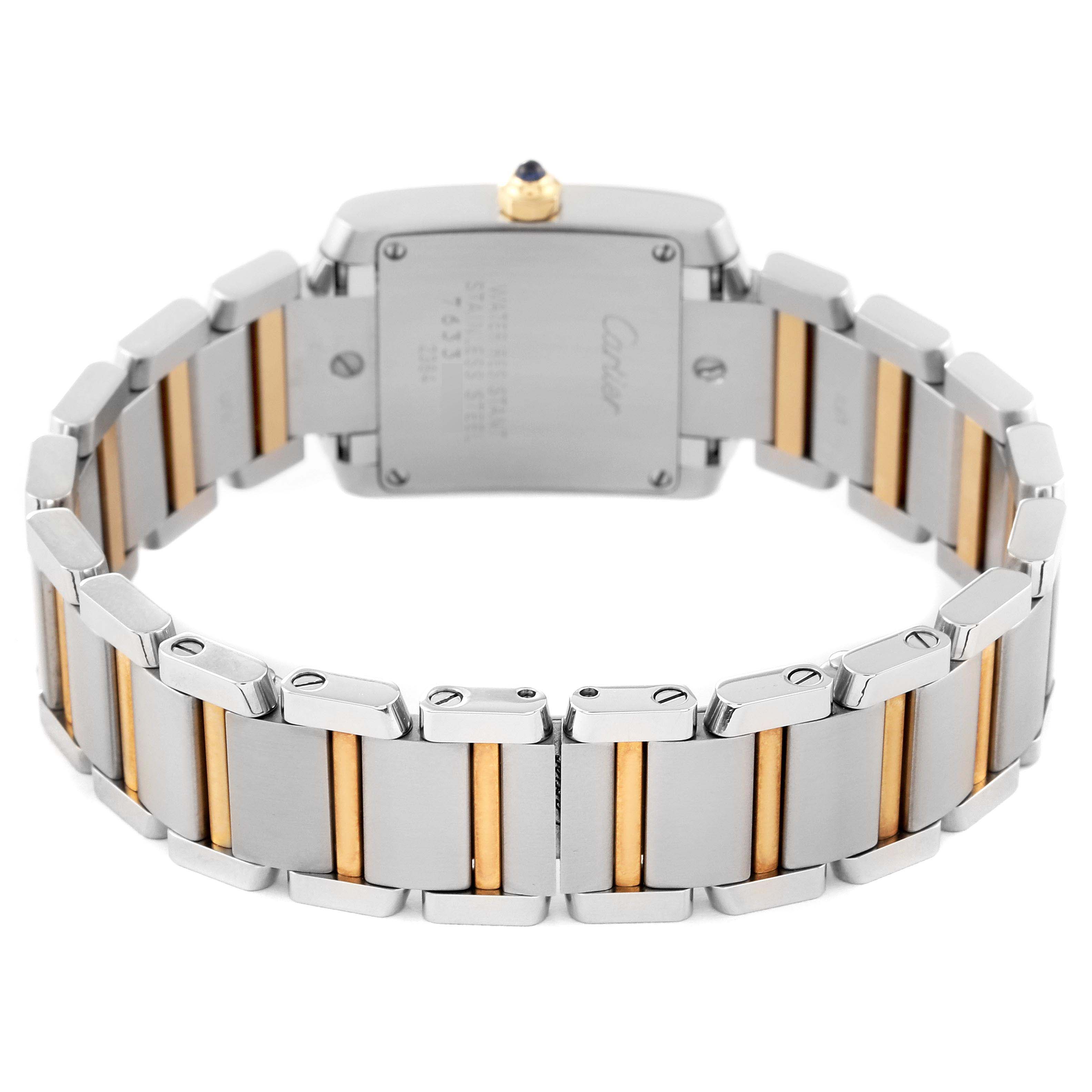 This image shows the back of the Cartier Tank Francaise W51007Q4 Women
s Steel and Gold (two tone) Silver Dial W51007Q4 Women
s Steel and Gold (two tone) Silver Dial watch, featuring a two-tone metal bracelet and case back.