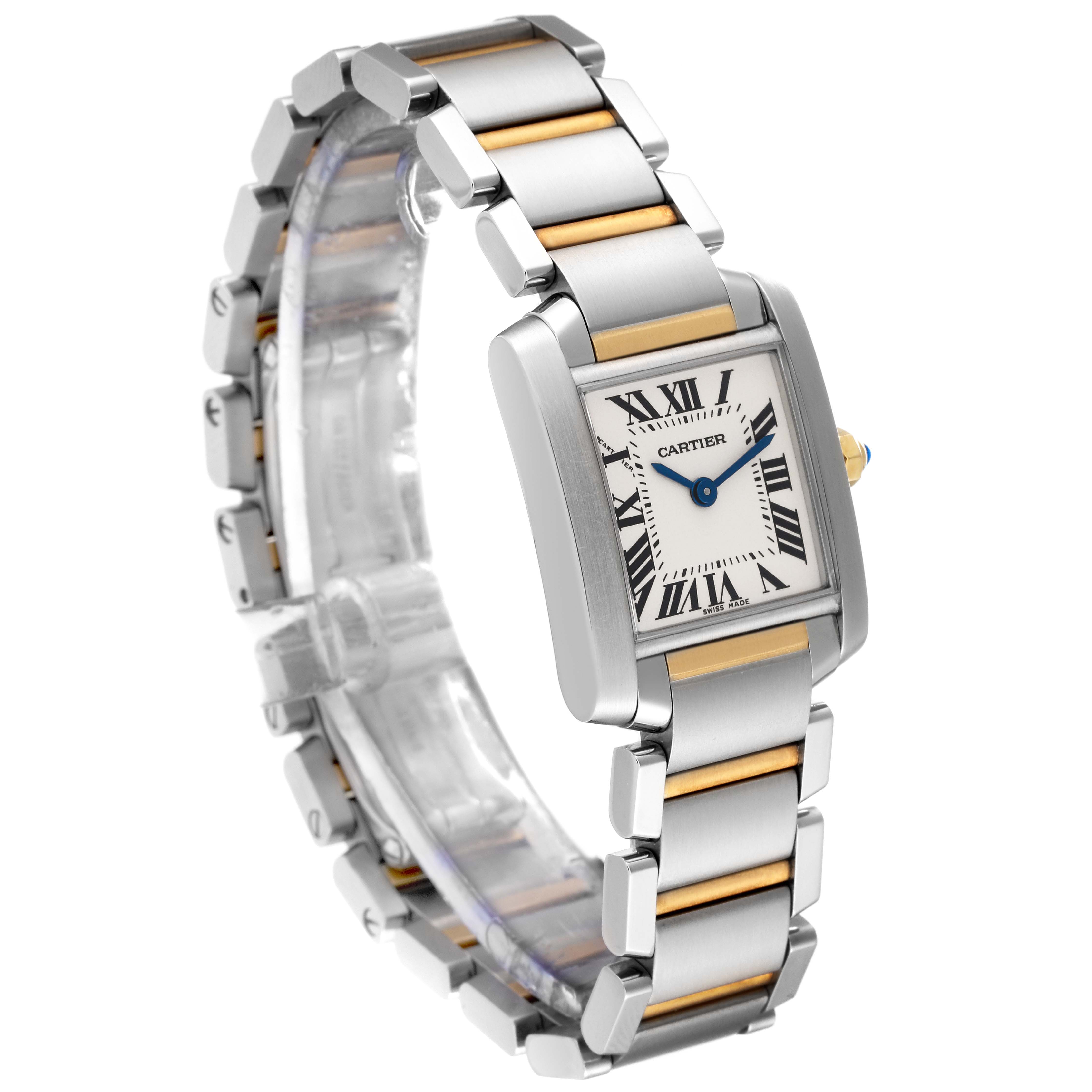The image shows a Cartier Tank Francaise W51007Q4 Women
s Steel and Gold (two tone) Silver Dial W51007Q4 Women
s Steel and Gold (two tone) Silver Dial watch at an angled, front-side view, displaying the face, bezel, and two-tone metal bracelet.