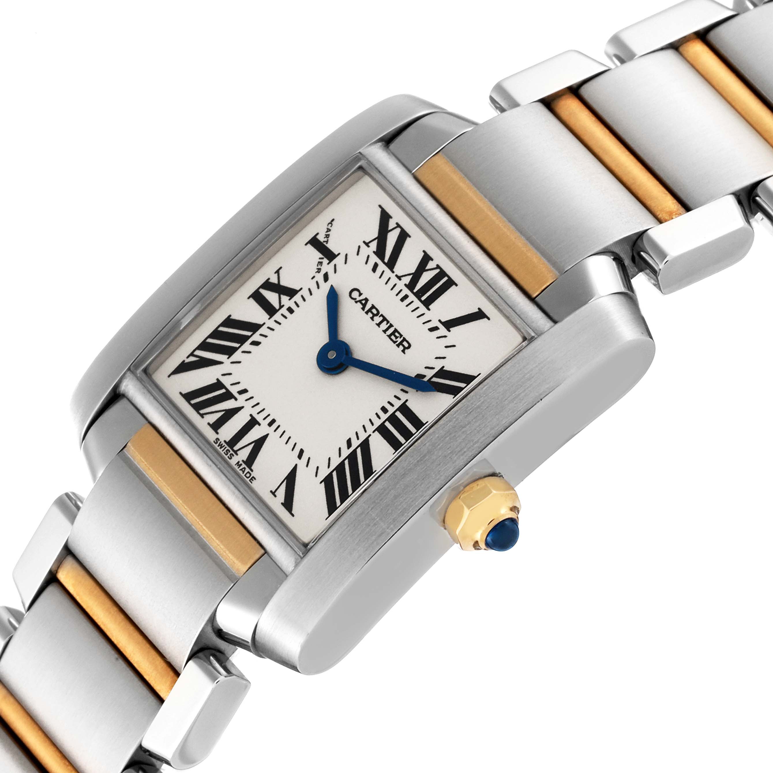 This Cartier Tank Francaise W51007Q4 Women
s Steel and Gold (two tone) Silver Dial W51007Q4 Women
s Steel and Gold (two tone) Silver Dial watch is shown from a tilted top-down angle, highlighting its face, bezel, and part of the bracelet.