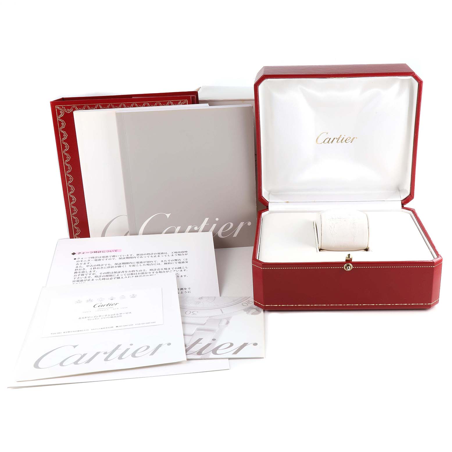 The image shows the packaging, box, and paperwork for a Cartier Tank Francaise W51007Q4 Women
s Steel and Gold (two tone) Silver Dial W51007Q4 Women
s Steel and Gold (two tone) Silver Dial watch with no watch visible.