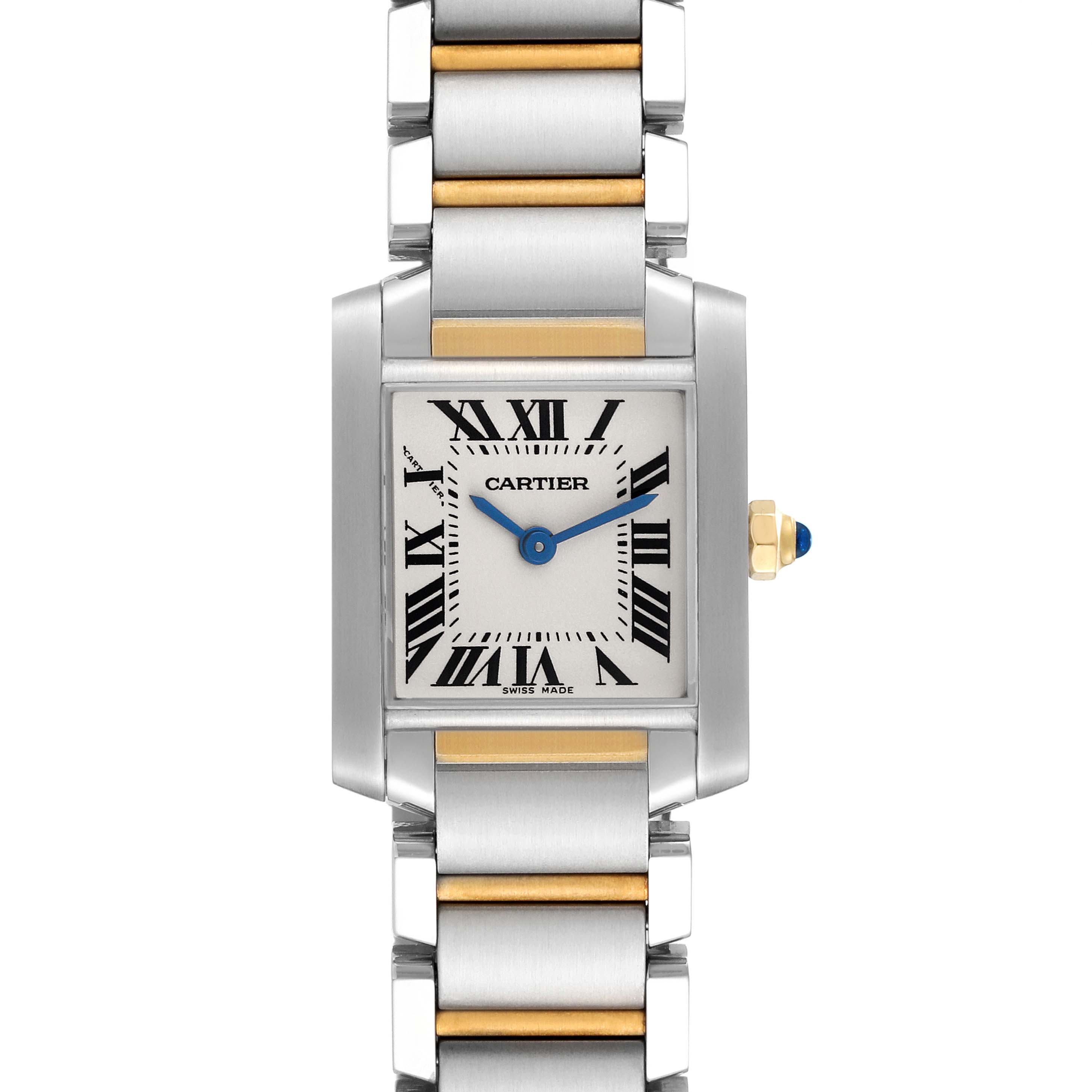 The image shows a front view of the Cartier Tank Française watch, displaying its dial and part of the bracelet.