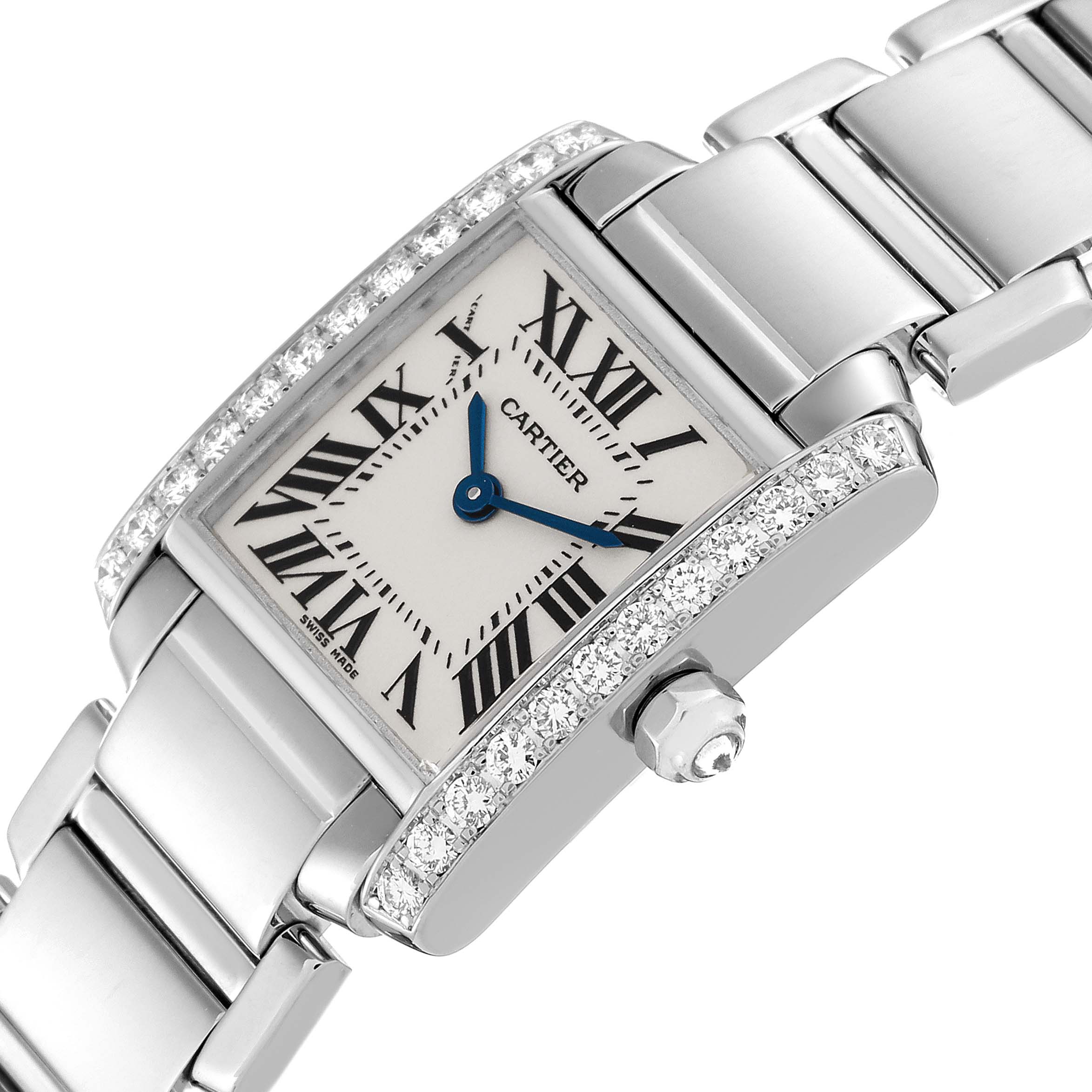 The Cartier Tank Francaise WE1002S3 Women
s White Gold Silver Dial WE1002S3 Women
s White Gold Silver Dial watch is shown at an angled close-up, highlighting its face, bezel, and part of the bracelet.