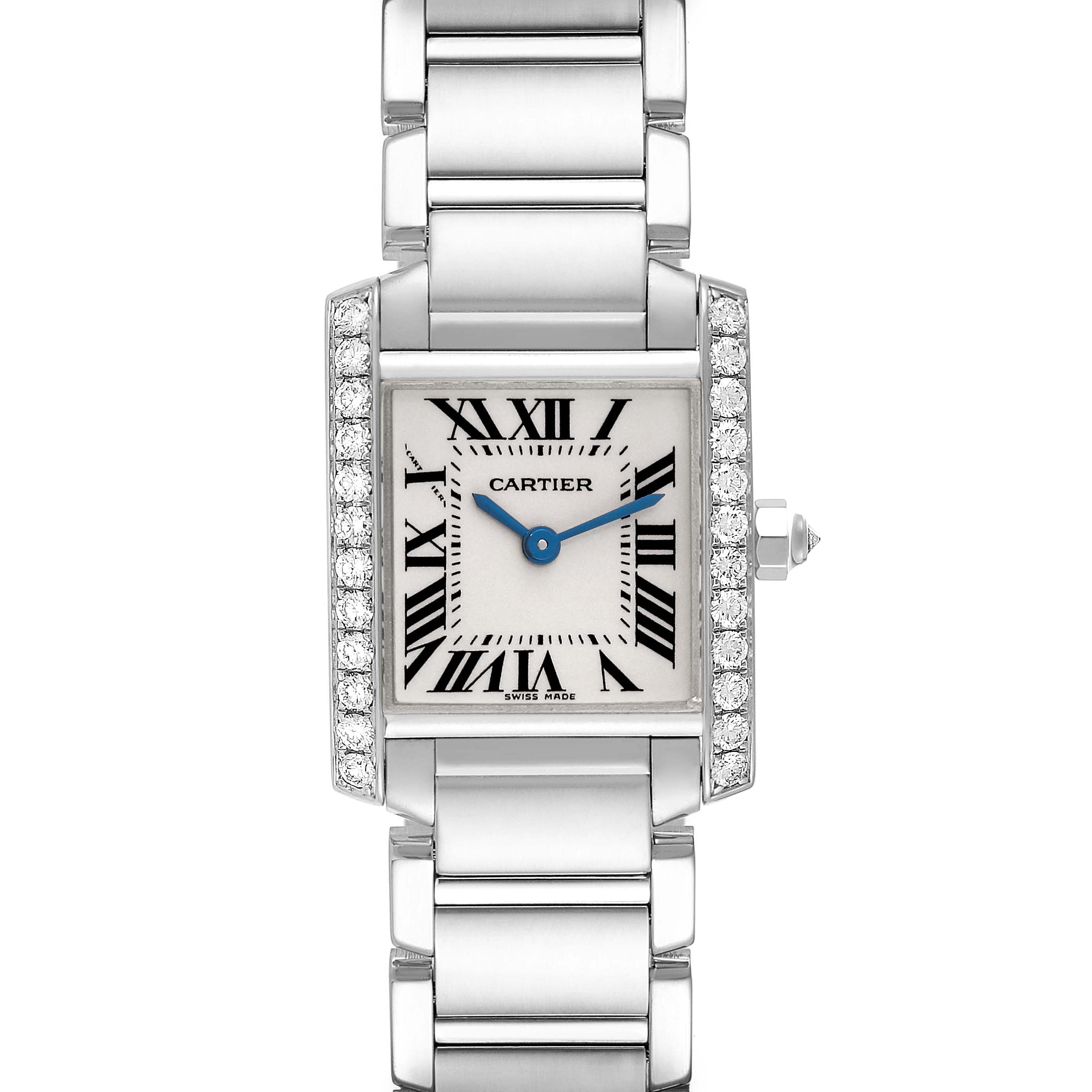 This image shows a Cartier Tank Francaise WE1002S3 Women
s White Gold Silver Dial WE1002S3 Women
s White Gold Silver Dial watch, featuring a rectangular case, Roman numeral dial, and metal link bracelet from a front angle.