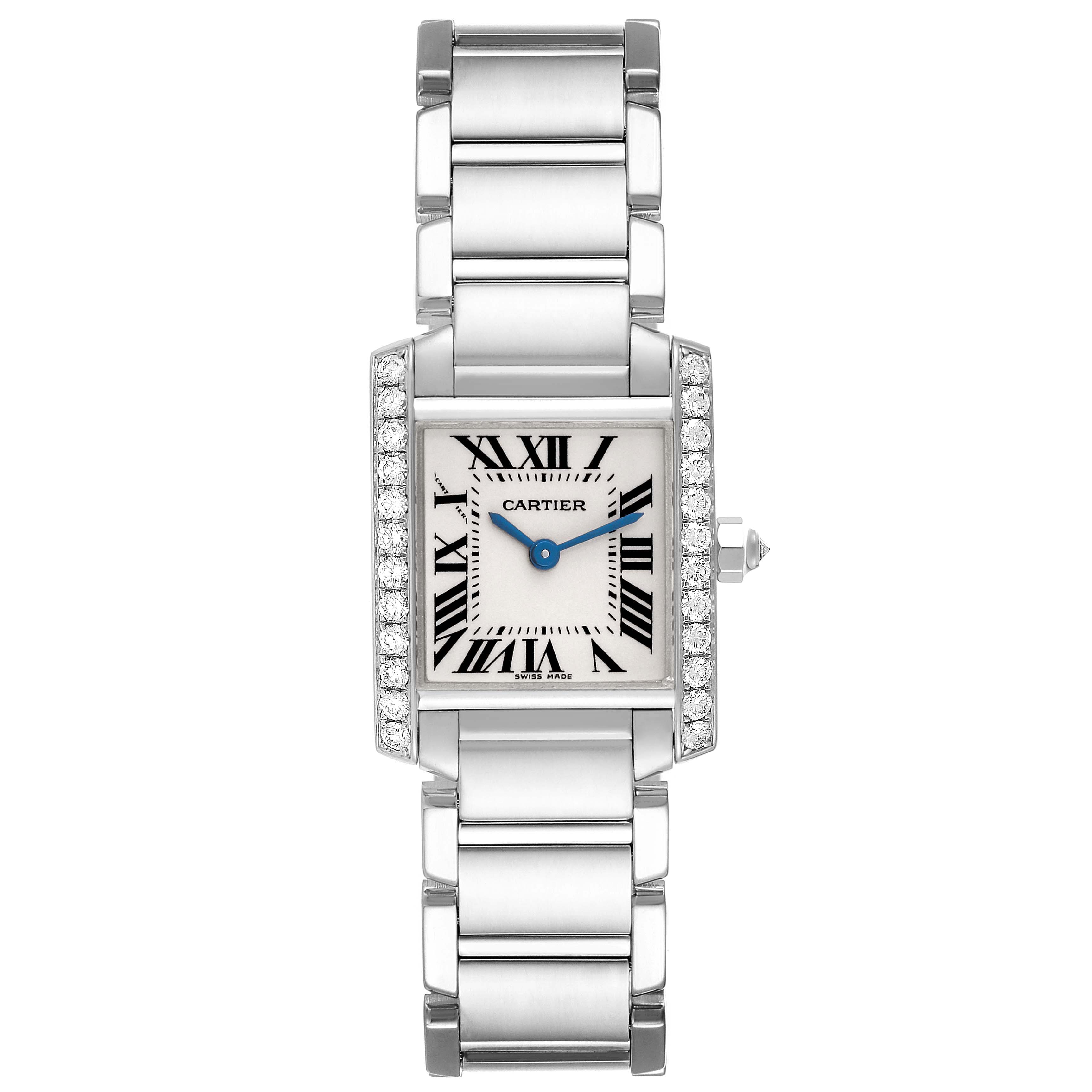 The image shows a Tank Francaise model by Cartier from a straight-on angle, highlighting the face, bracelet, and side crown.