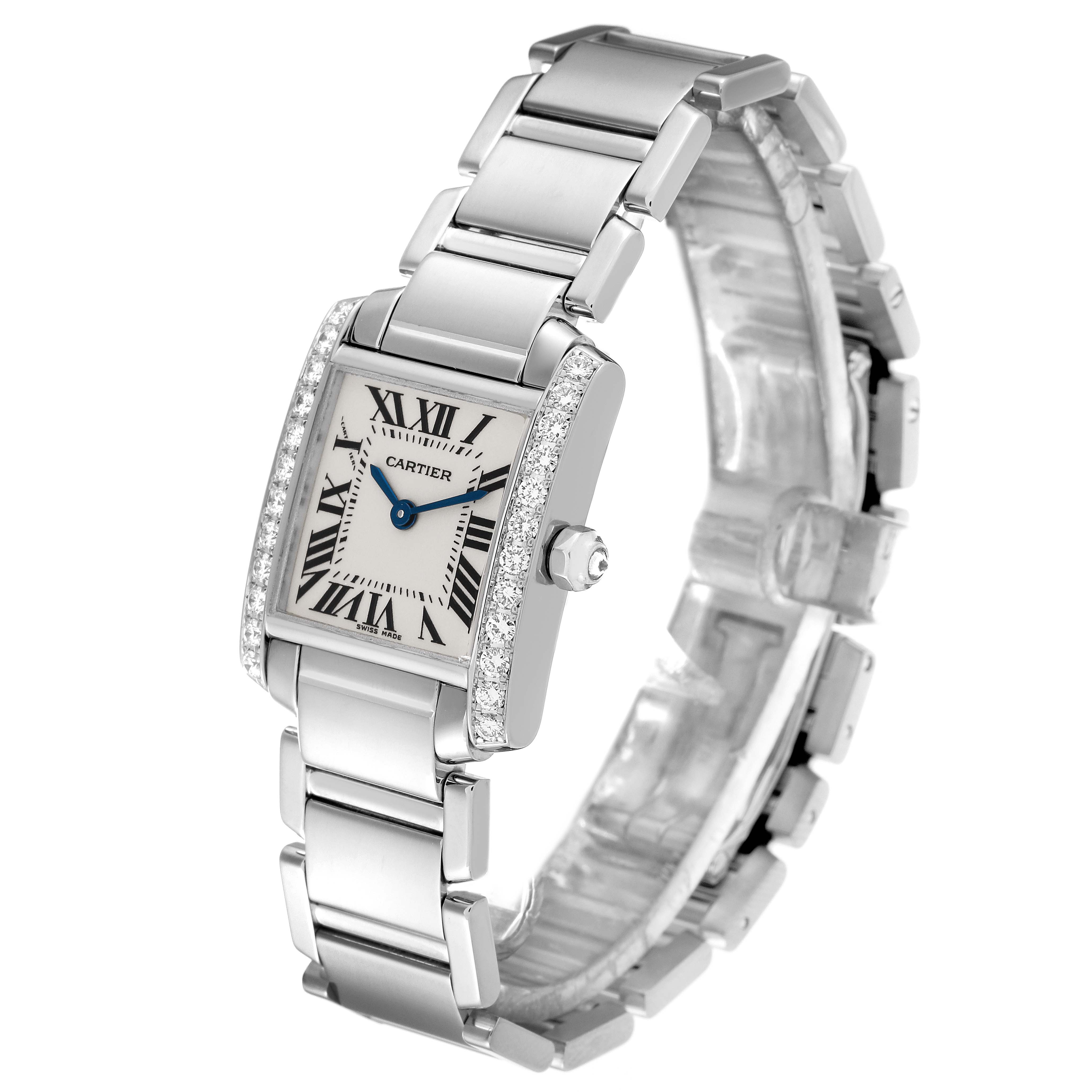 This image shows a Cartier Tank Française watch from a slightly angled front view, highlighting its rectangular dial and bracelet.