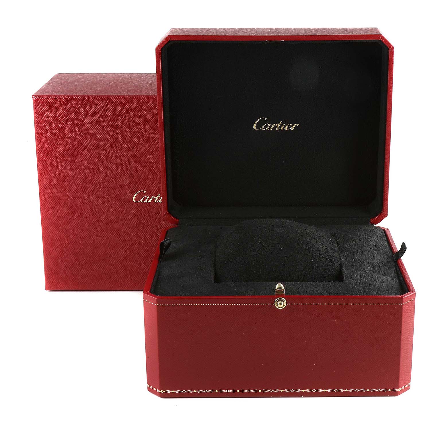 The image shows an open red Cartier watch box with the black interior for the Tank Francaise model.