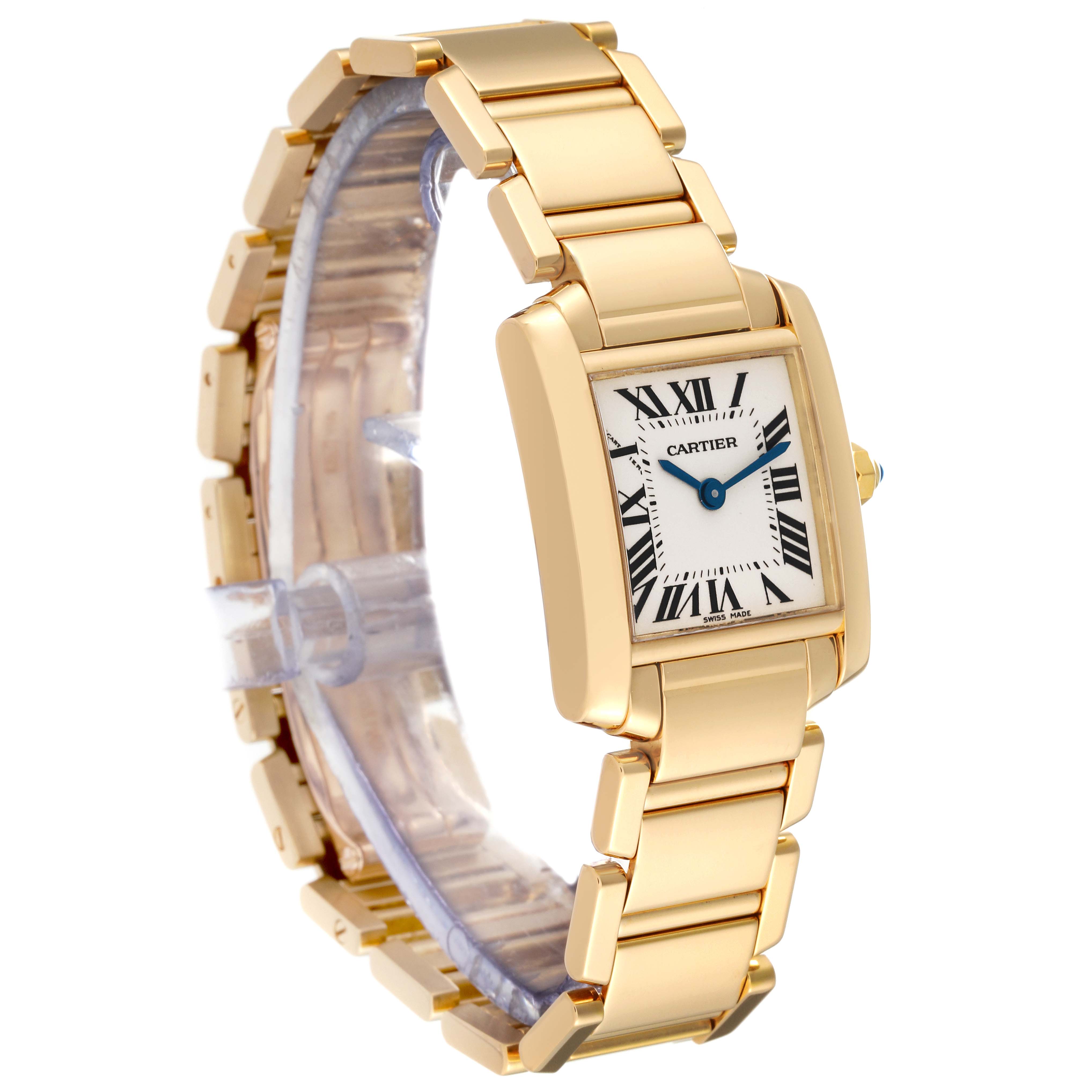 The image shows a close-up, angled view of the Cartier Tank Française watch, highlighting its gold band, rectangular face, and Roman numeral dial.