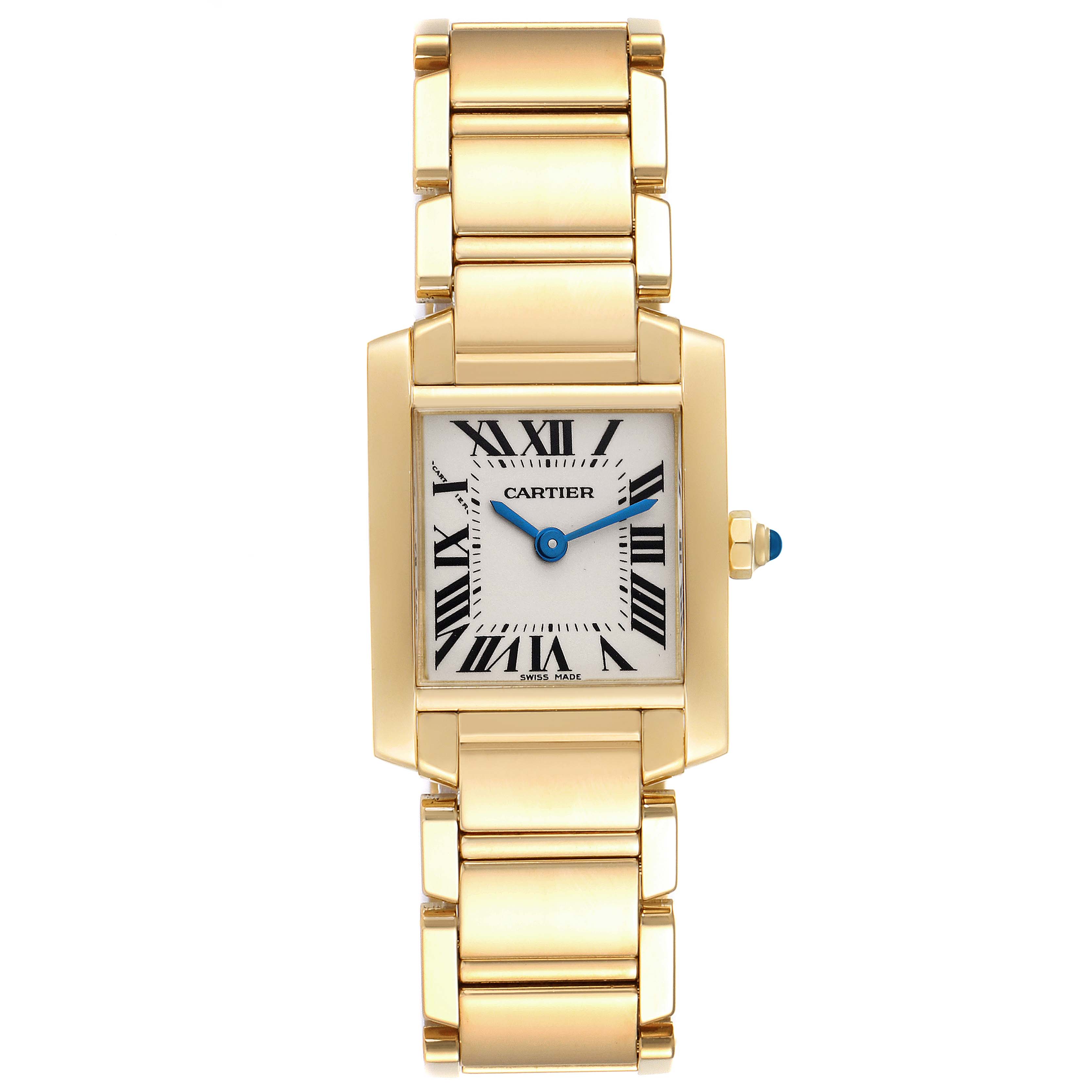 The image shows a Cartier Tank Francaise W50002N2 Women's Yellow Gold Silver Dial W50002N2 Women's Yellow Gold Silver Dial watch from a top-down angle, displaying the full face and gold bracelet.