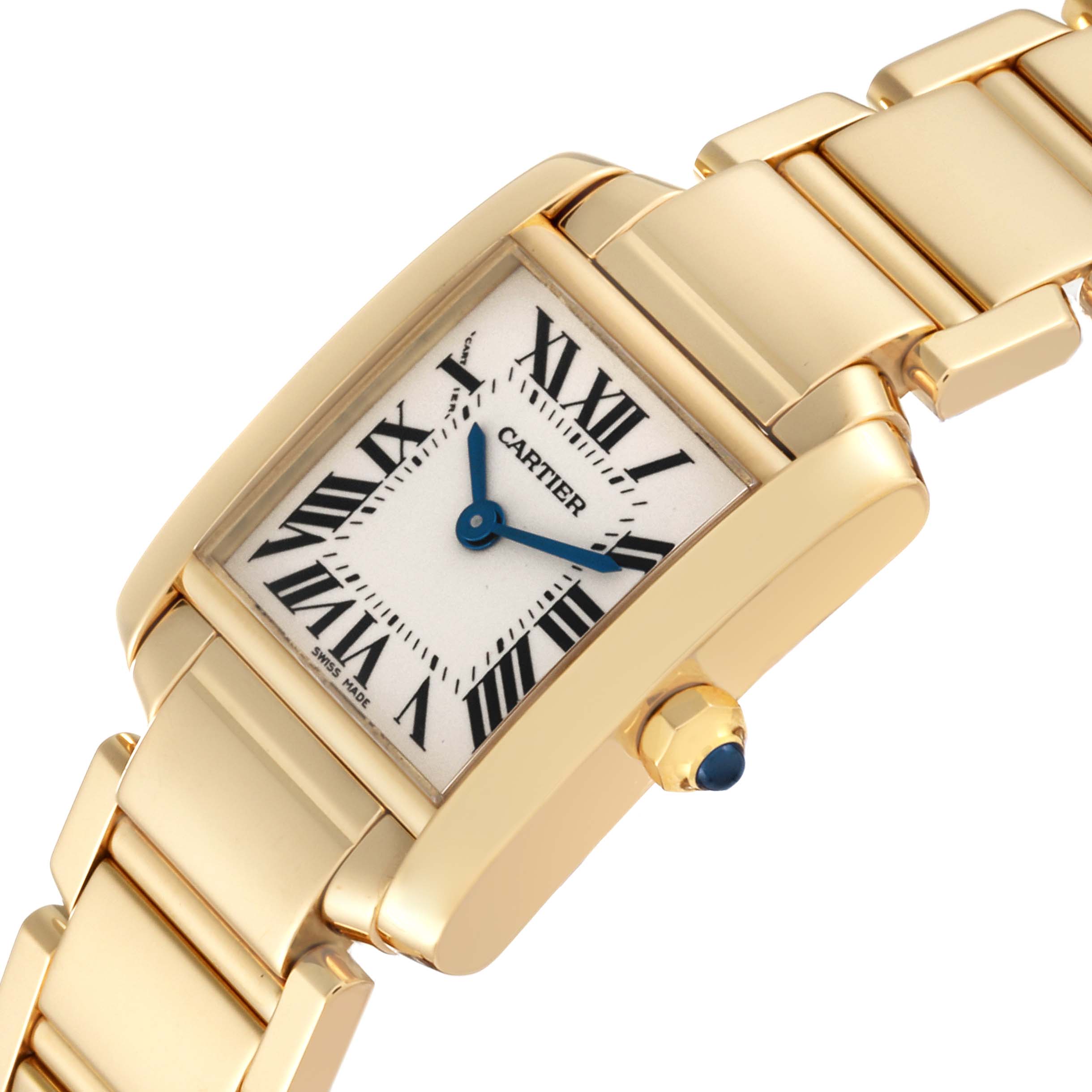 The image shows a Cartier Tank Francaise W50002N2 Women's Yellow Gold Silver Dial W50002N2 Women's Yellow Gold Silver Dial watch from an angled close-up, highlighting the face, hands, and part of the bracelet.