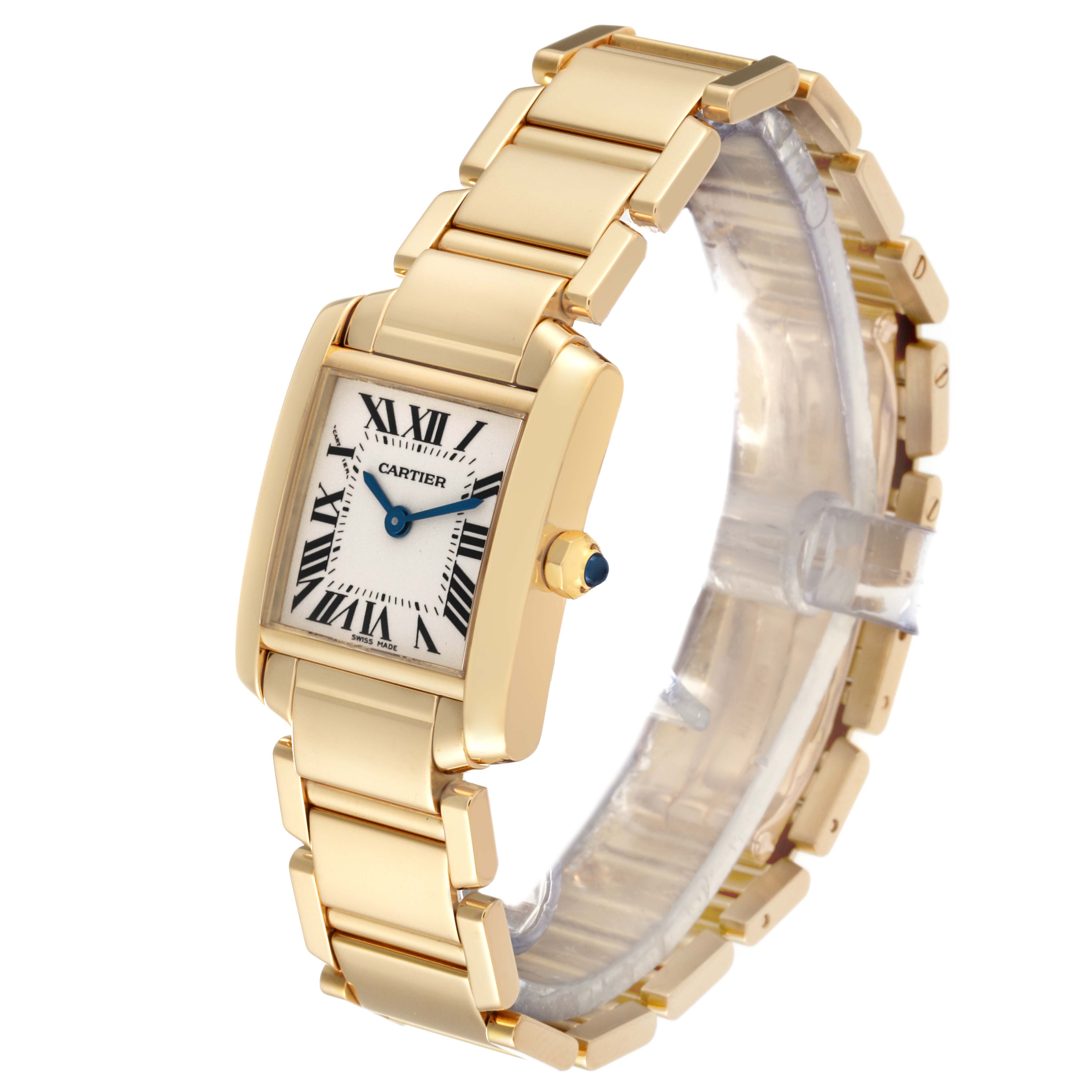 The image shows a Cartier Tank Francaise W50002N2 Women's Yellow Gold Silver Dial W50002N2 Women's Yellow Gold Silver Dial watch from a three-quarter angle, highlighting its gold bracelet and rectangular face.