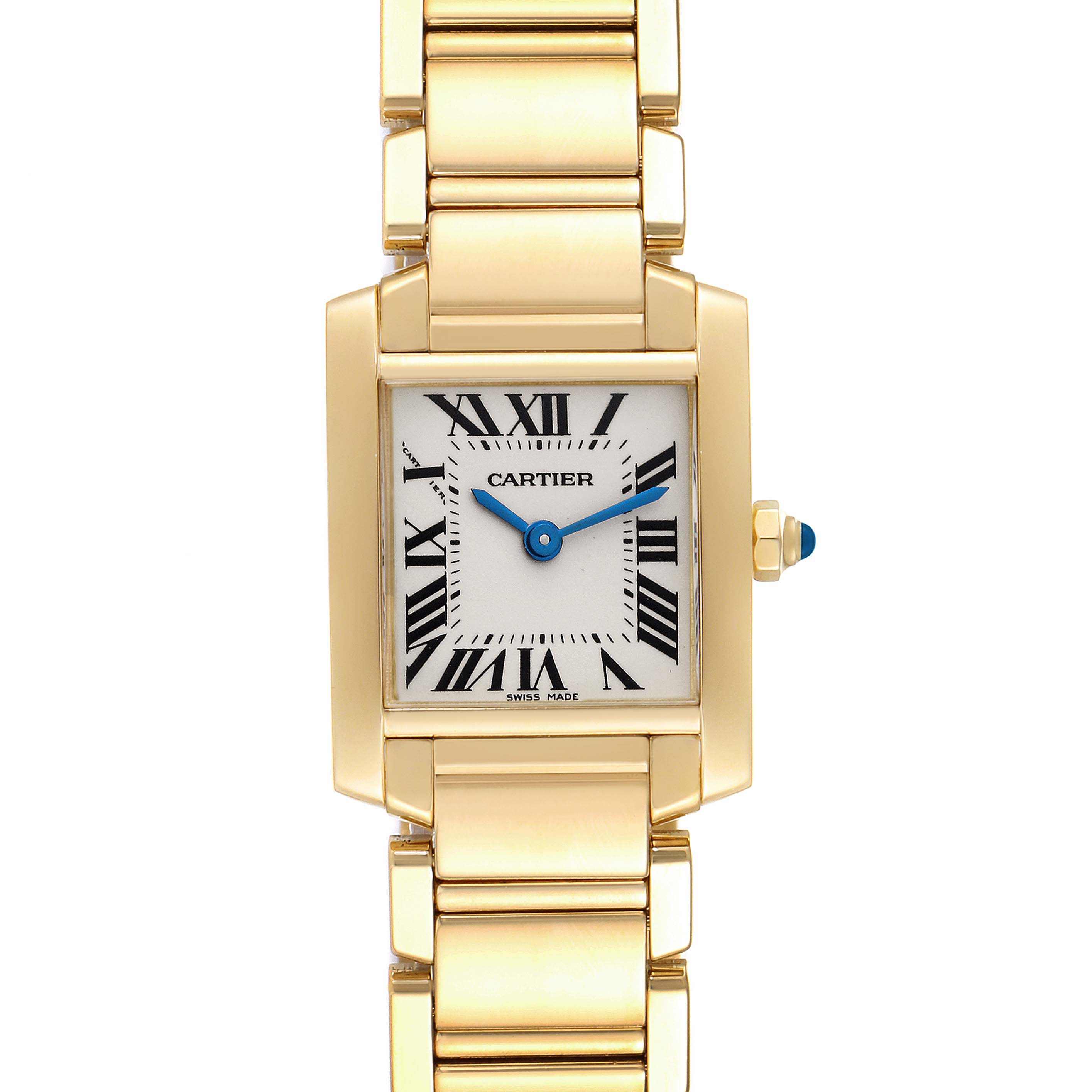 This is a front view of the Cartier Tank Francaise W50002N2 Women's Yellow Gold Silver Dial W50002N2 Women's Yellow Gold Silver Dial watch, showing the face, dial, and part of the bracelet.