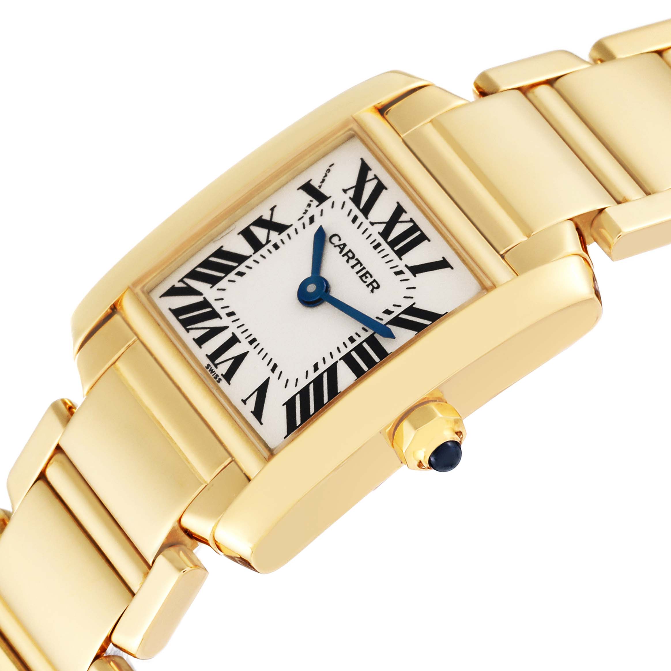 The image shows a close-up angle of a Cartier Tank Francaise W50002N2 Women's Yellow Gold Silver Dial W50002N2 Women's Yellow Gold Silver Dial watch, highlighting the face, bracelet, and crown.