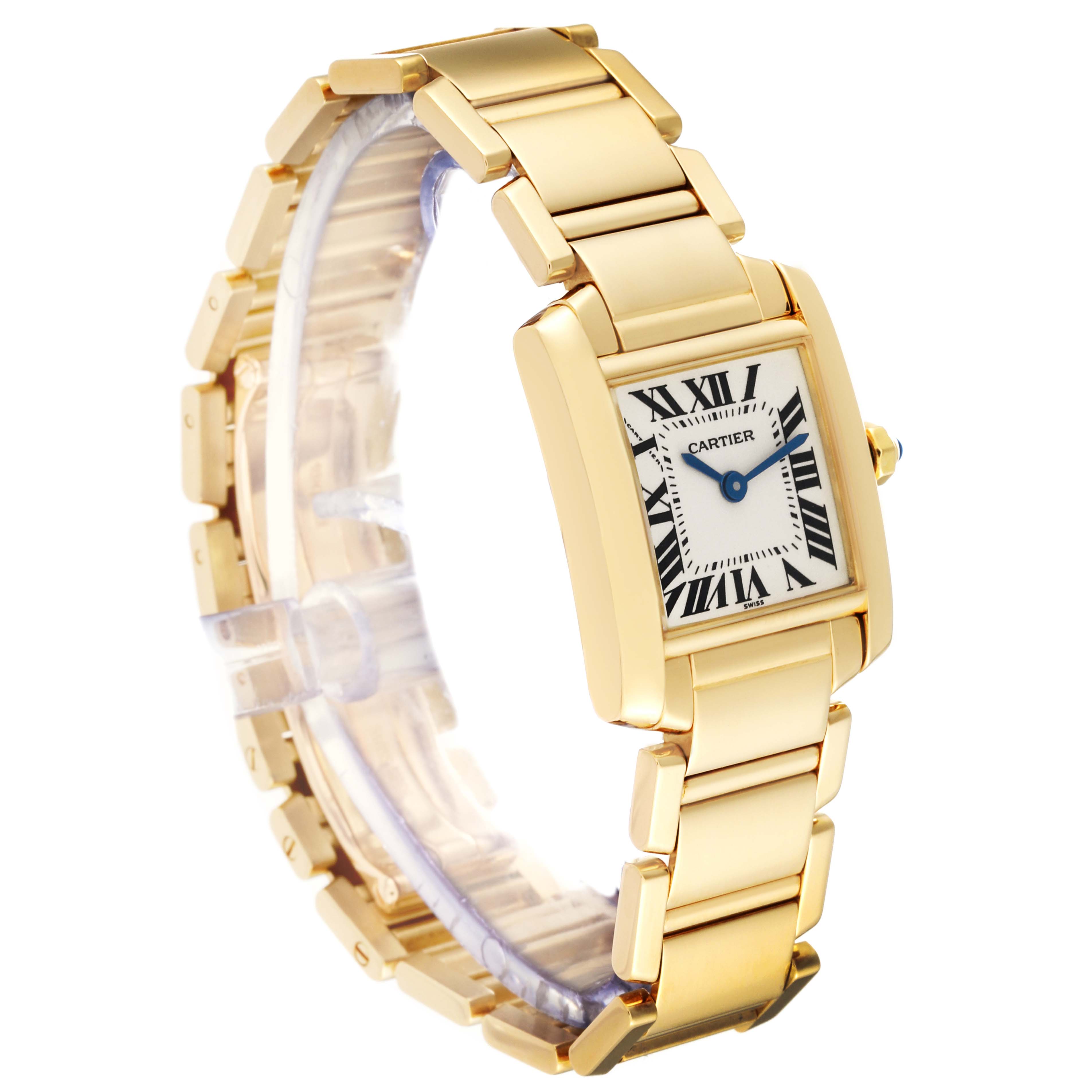 This is a side angle view of a Cartier Tank Francaise W50002N2 Women's Yellow Gold Silver Dial W50002N2 Women's Yellow Gold Silver Dial watch showcasing its gold bracelet and face with Roman numerals.
