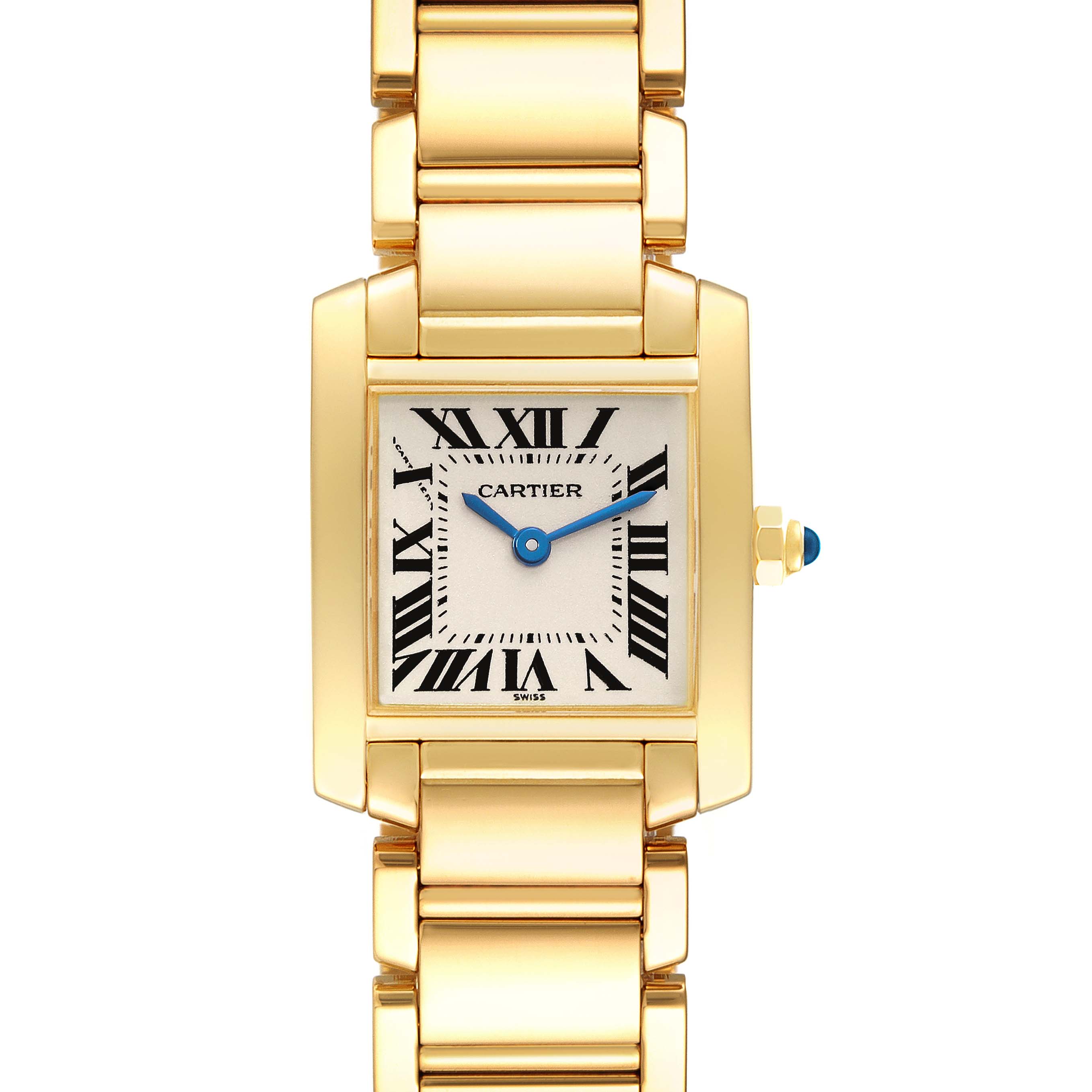 This image shows a head-on view of the Cartier Tank Francaise W50002N2 Women's Yellow Gold Silver Dial W50002N2 Women's Yellow Gold Silver Dial watch, showcasing its gold bracelet, blue hands, and Roman numeral dial.