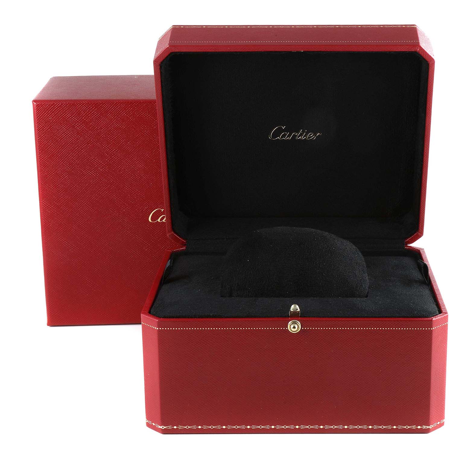 This image shows an open red Cartier box for the Tank Francaise watch, with the black interior and Cartier logo visible.