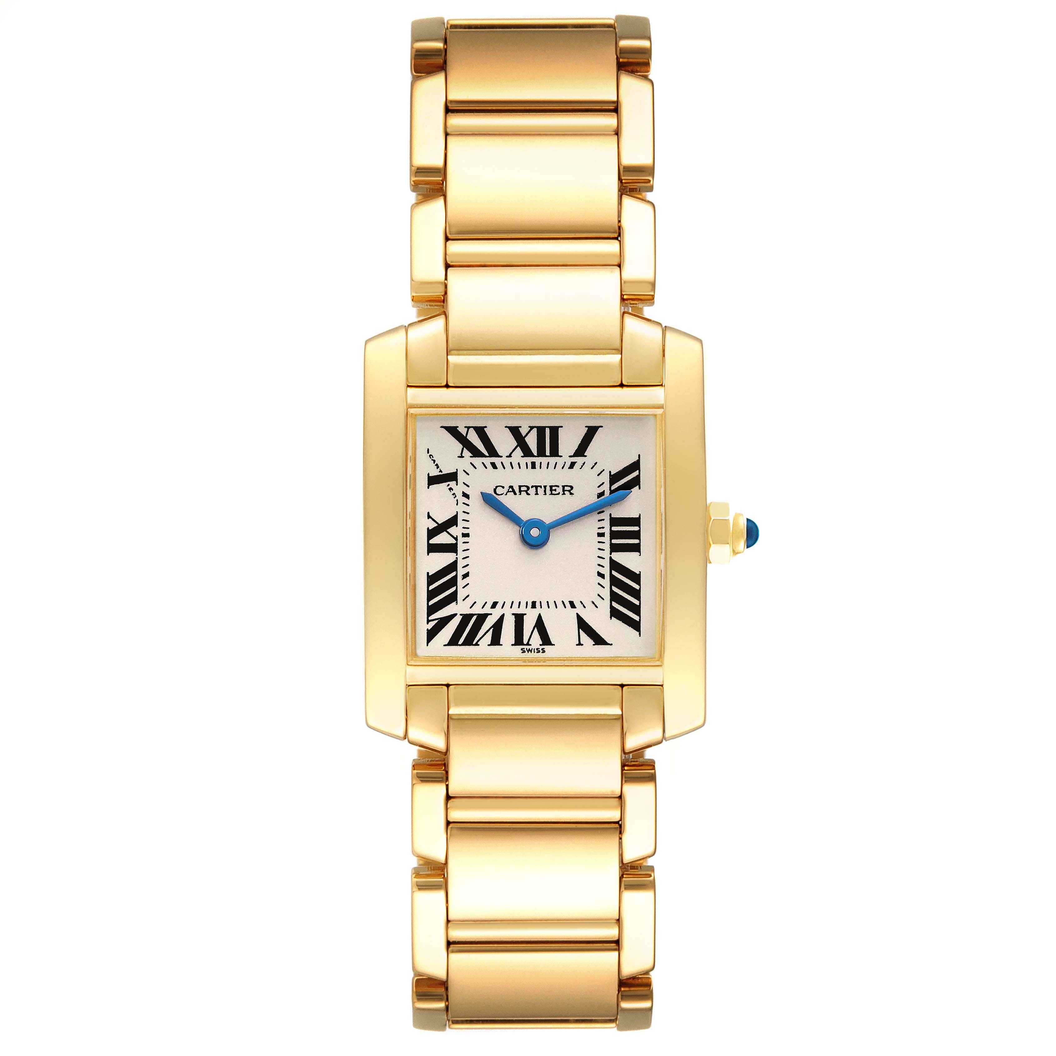 The image shows a Cartier Tank Francaise W50002N2 Women's Yellow Gold Silver Dial W50002N2 Women's Yellow Gold Silver Dial watch from a front angle, featuring its gold bracelet, rectangular case, and blue handset.