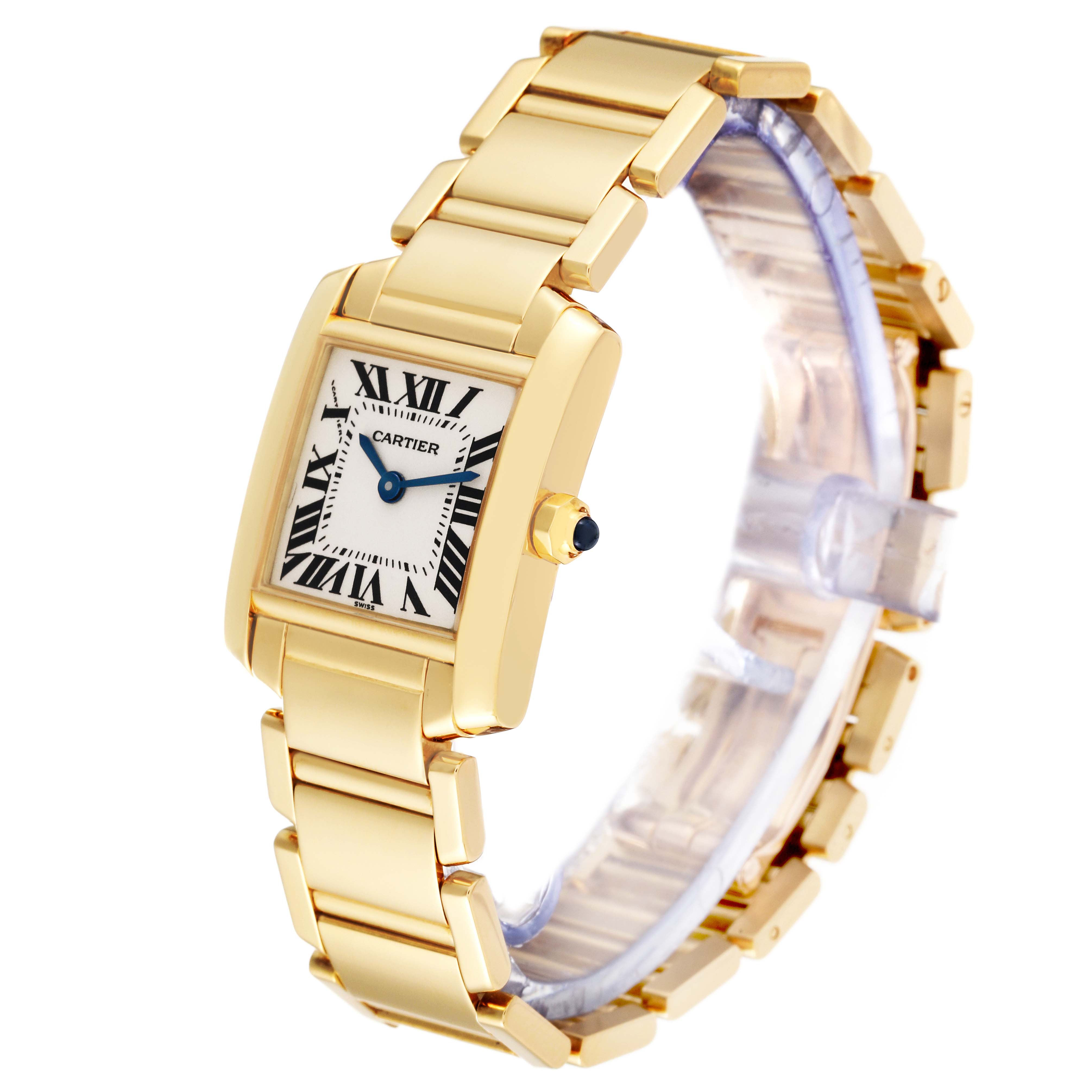 The image shows a Cartier Tank Francaise W50002N2 Women's Yellow Gold Silver Dial W50002N2 Women's Yellow Gold Silver Dial watch at a three-quarter angle, highlighting its gold bracelet, rectangular face, and blue cabochon crown.