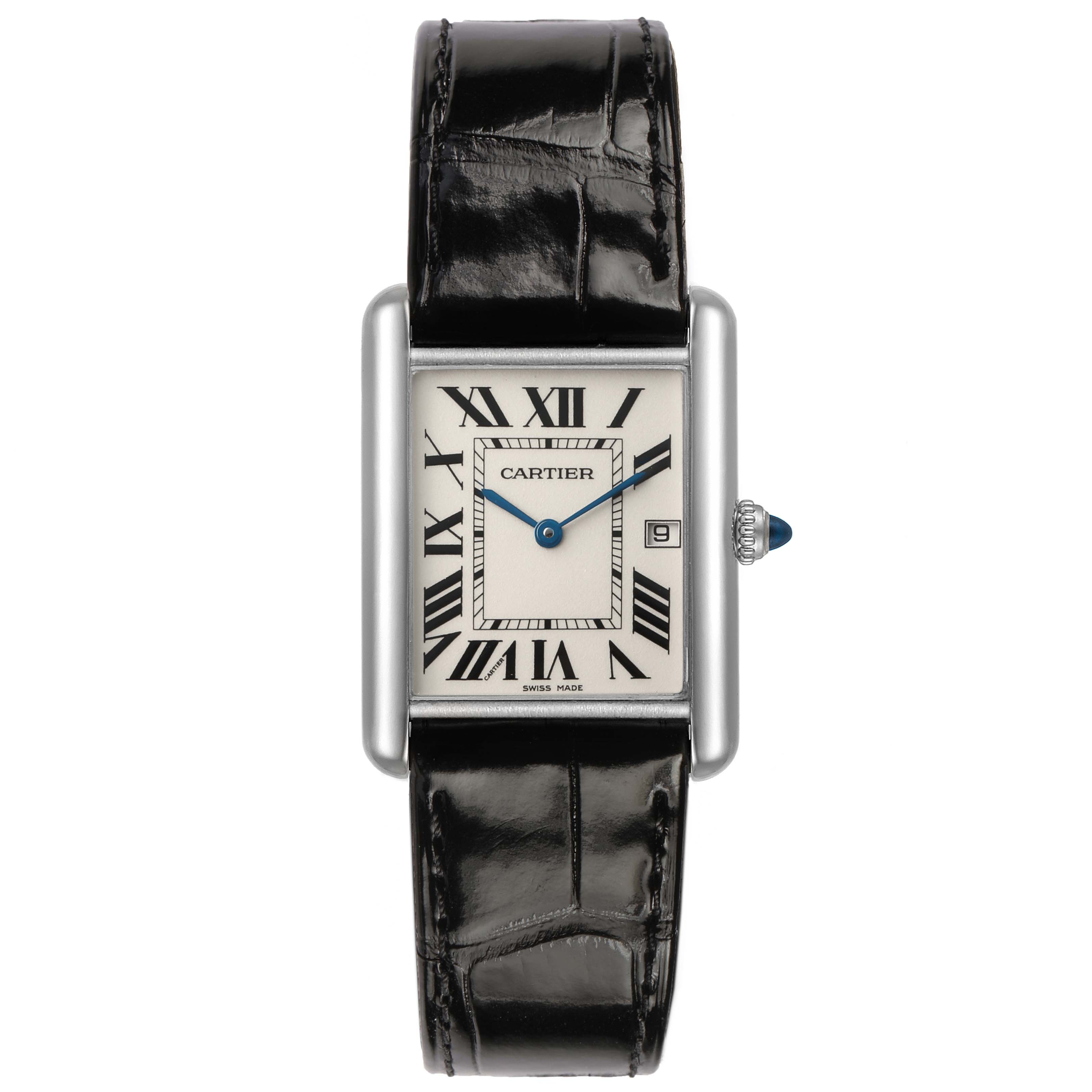 The Cartier Tank Louis W1540956 Men's White Gold Silver Dial watch is shown from a front angle, highlighting the face, Roman numerals, and black leather strap.