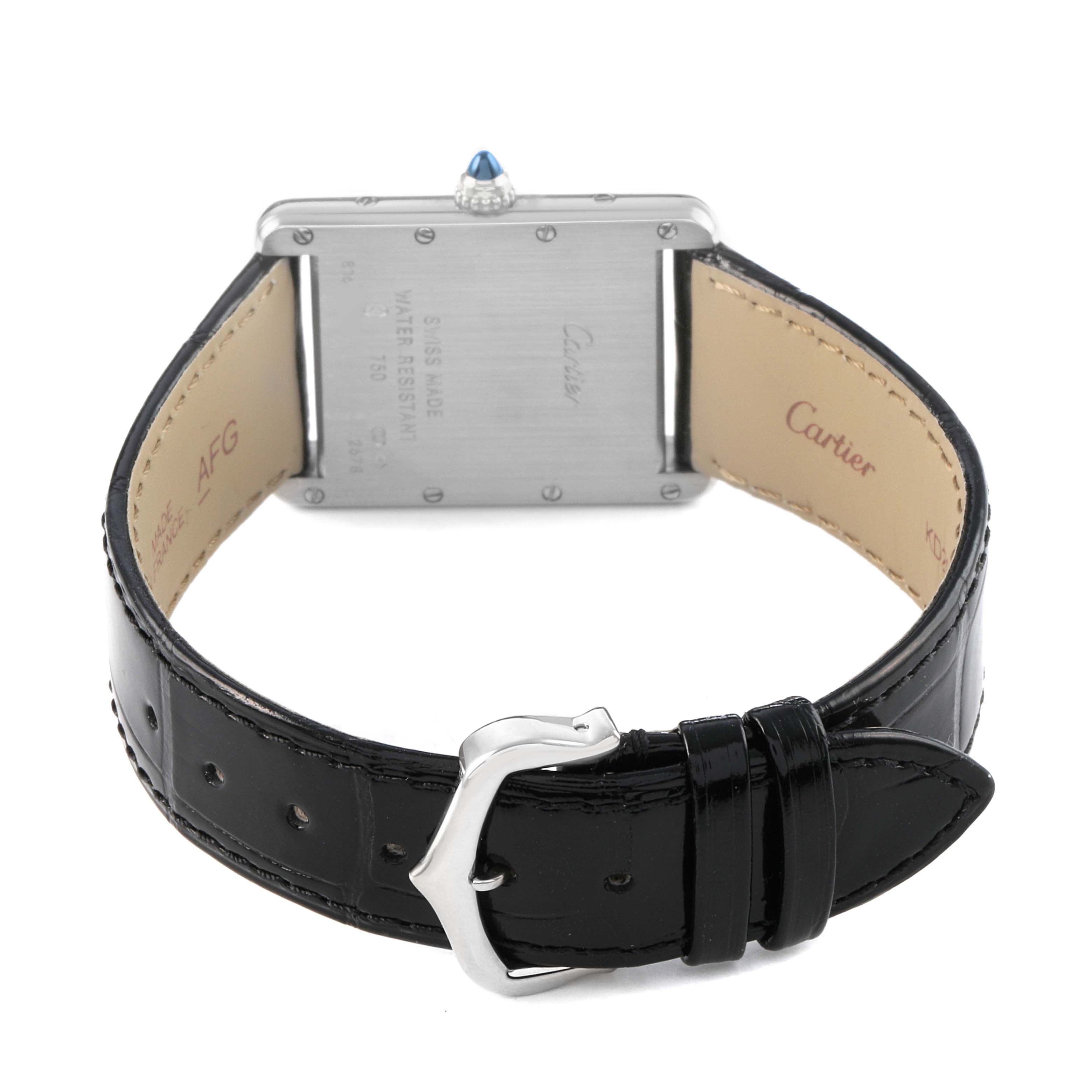 The image shows the back view of a Cartier Tank Louis W1540956 Men's White Gold Silver Dial watch, highlighting its buckle, strap, and back case with a crown.