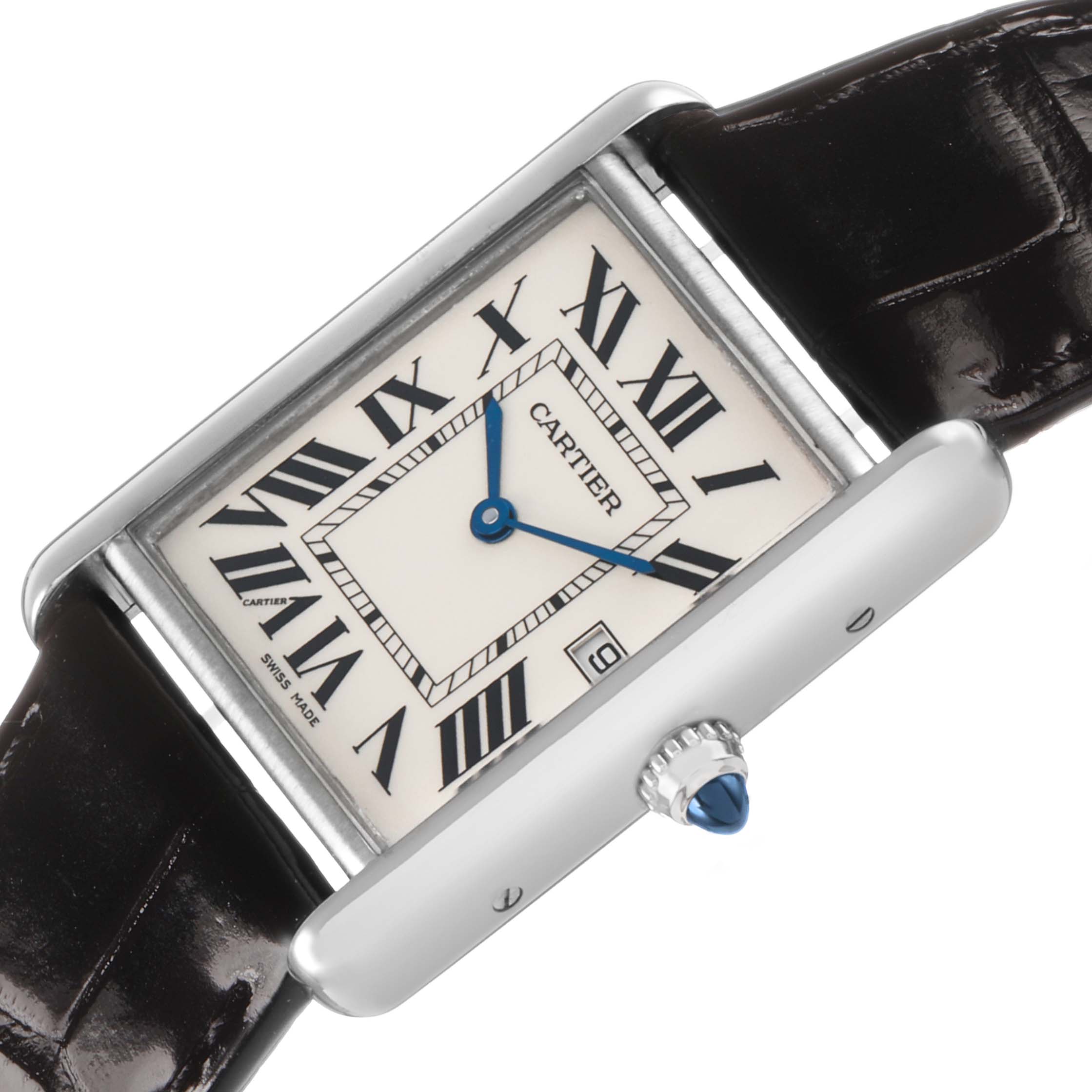 The Cartier Tank Louis W1540956 Men's White Gold Silver Dial watch is shown at an angle highlighting the rectangular dial, roman numerals, and blue hands.