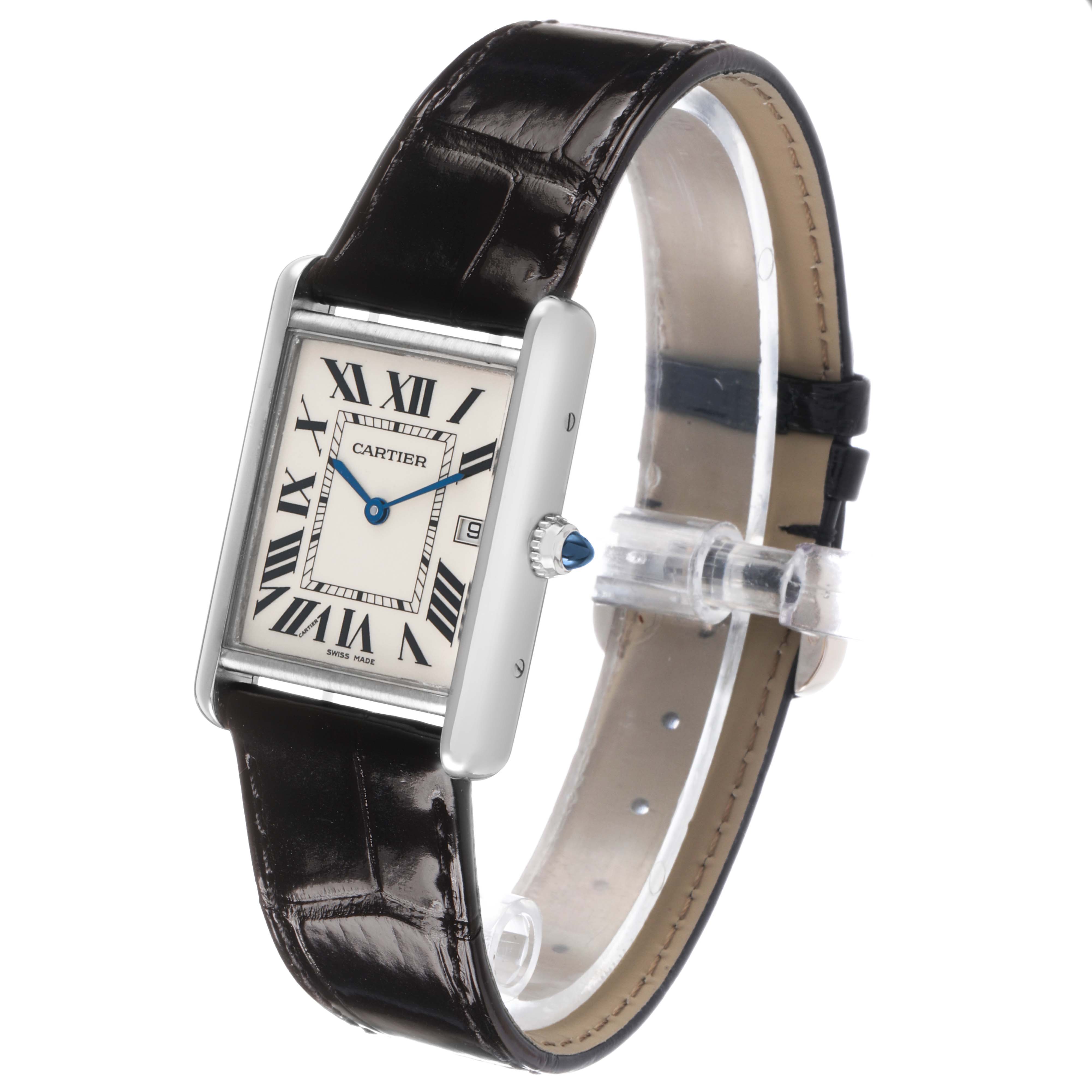 The Cartier Tank Louis W1540956 Men's White Gold Silver Dial watch is shown at a slight angle, highlighting its rectangular face, Roman numerals, and leather strap.