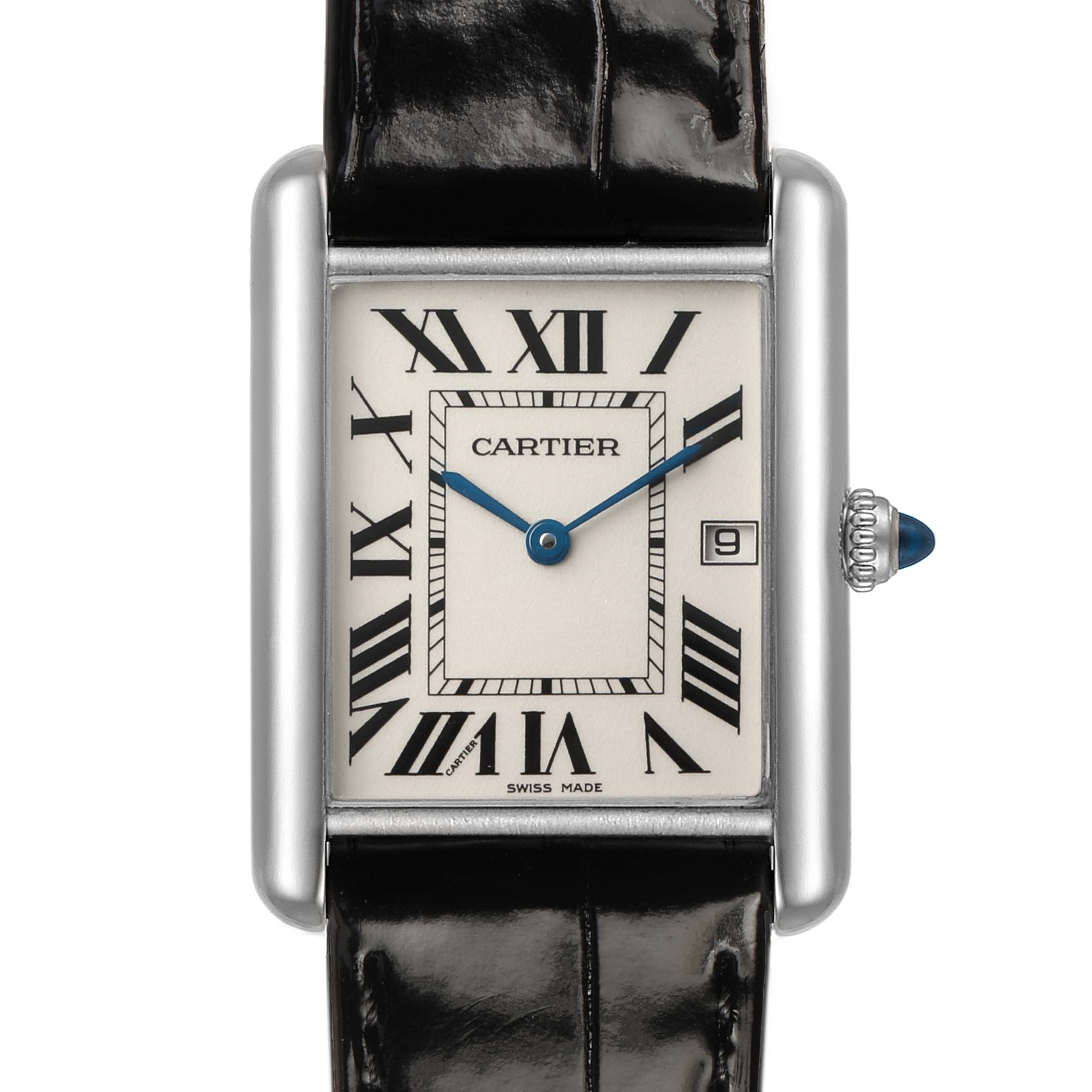 The Cartier Tank Louis W1540956 Men's White Gold Silver Dial watch is shown from the front, highlighting the dial, Roman numerals, and distinctive blue hands.
