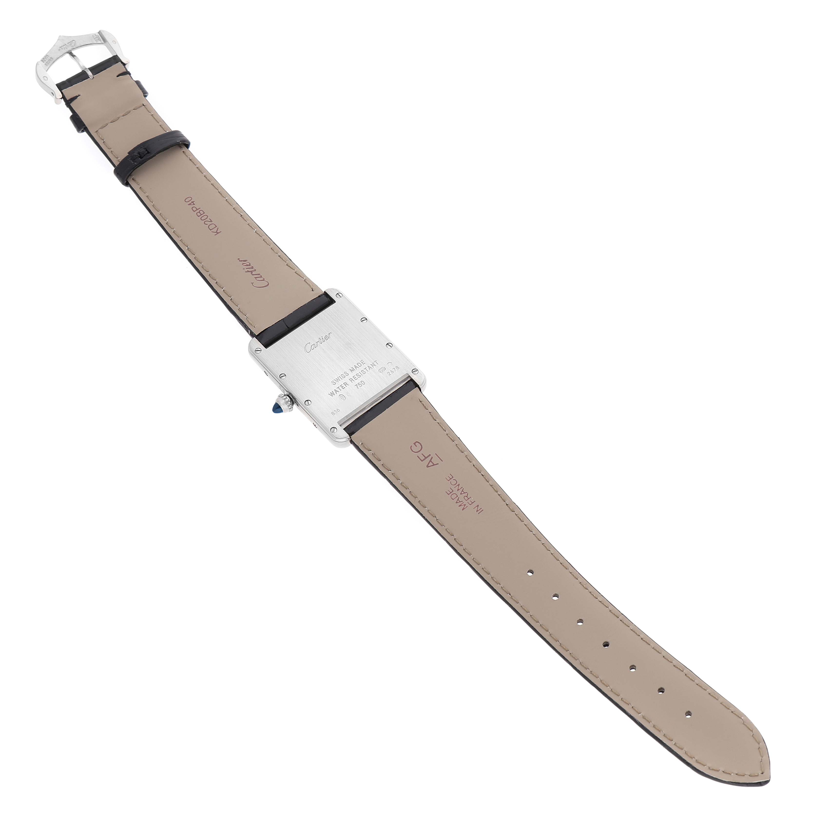 The image shows the back view of a Cartier Tank Louis W1540956 Men's White Gold Silver Dial watch, highlighting the strap and case back details.