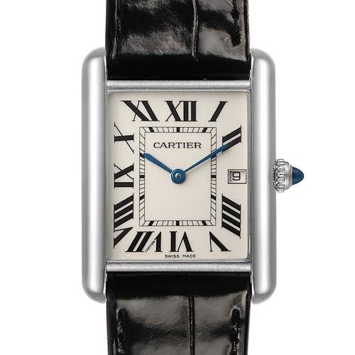 The Cartier Tank Louis W1540956 Men's White Gold Silver Dial watch is shown from the front, displaying the dial, Roman numerals, hands, date, and crown.
