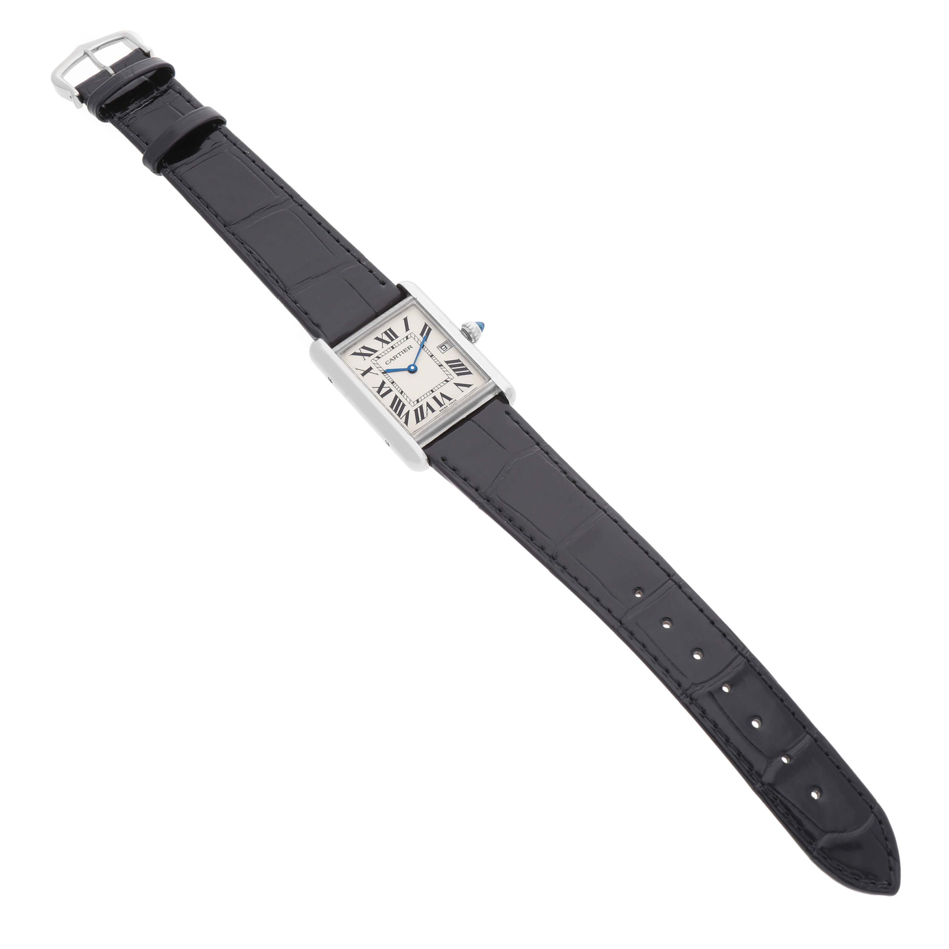 The Cartier Tank Louis W1540956 Men's White Gold Silver Dial watch is shown at a slight angle, highlighting its rectangular face and black leather strap.