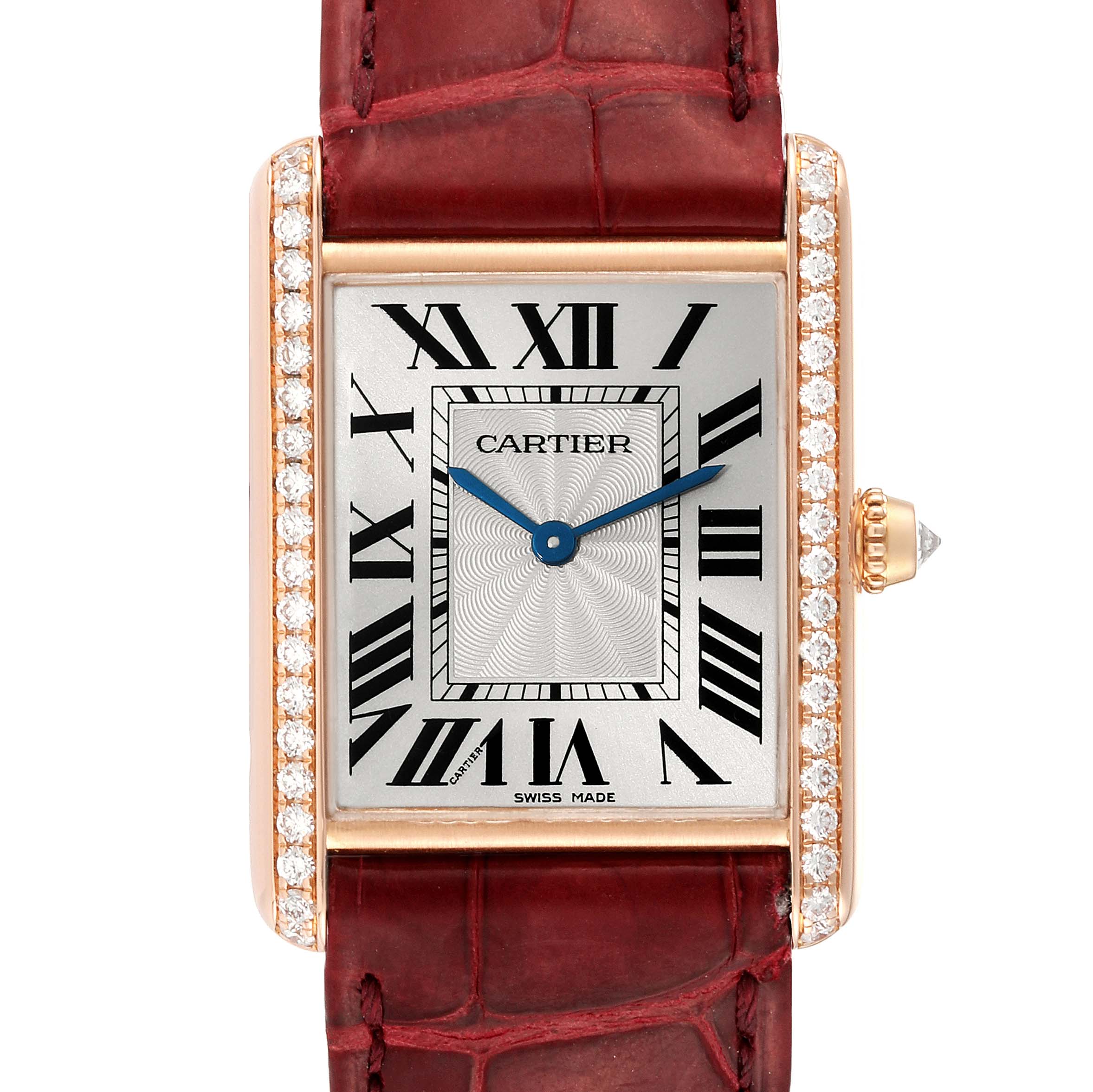 This image shows a frontal view of a Cartier Tank Louis WJTA0014 Women's Rose Gold Silver Dial WJTA0014 Women's Rose Gold Silver Dial watch, highlighting its rectangular face, Roman numerals, and red leather strap.
