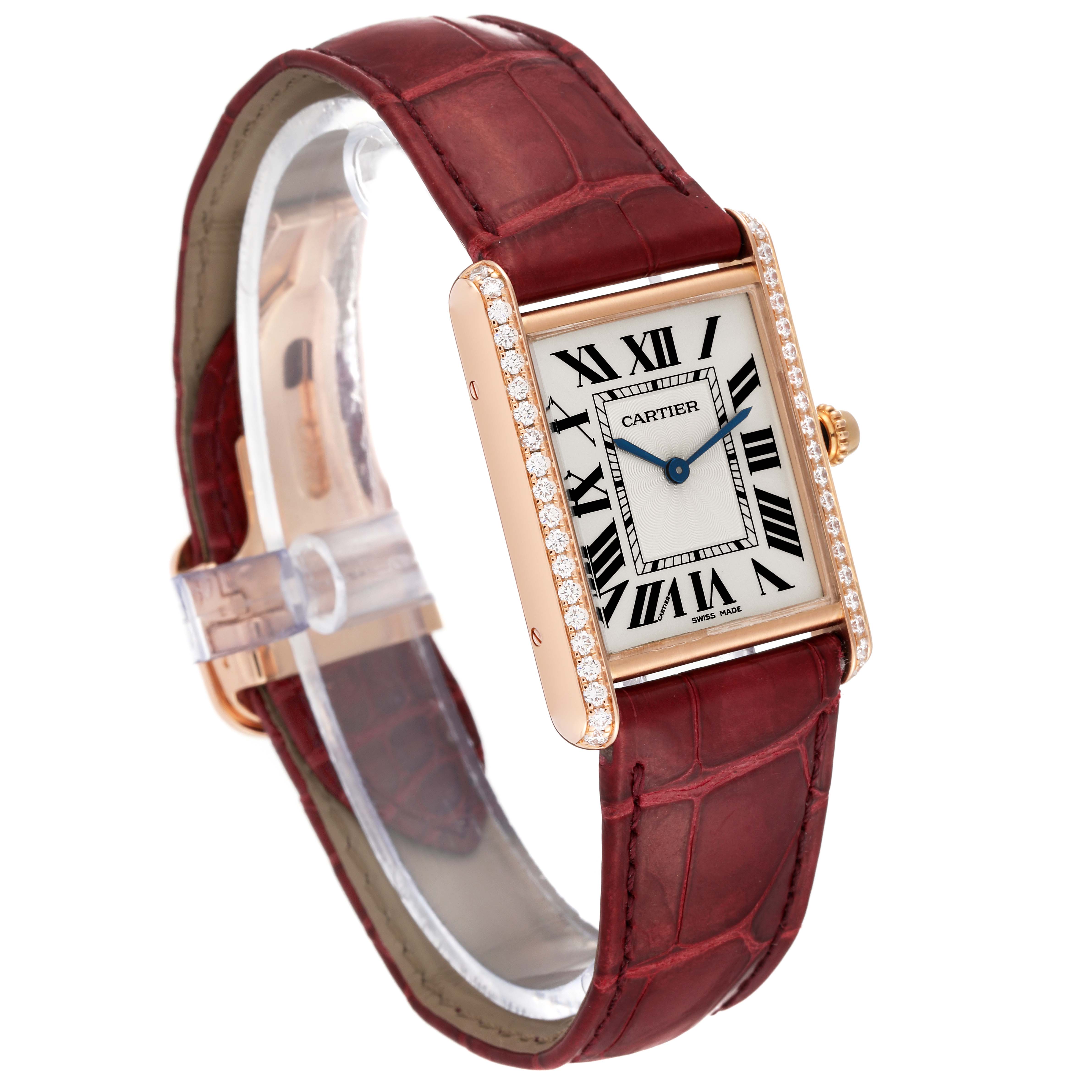 The image shows a Cartier Tank Louis WJTA0014 Women's Rose Gold Silver Dial WJTA0014 Women's Rose Gold Silver Dial watch at a three-quarter angle, highlighting the face, bezel, and red leather strap.