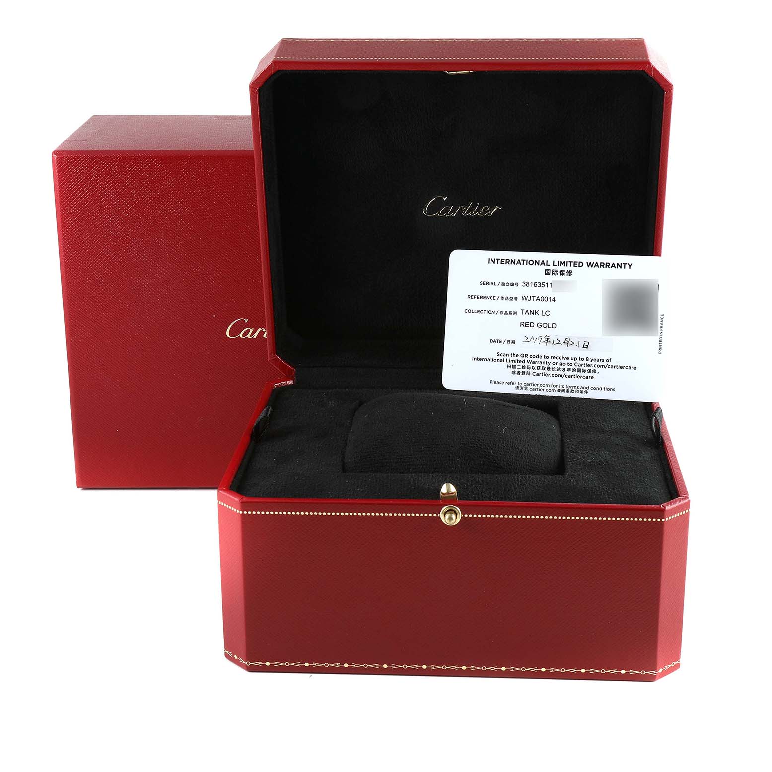 The image shows the open box and warranty card of a Cartier Tank Louis WJTA0014 Women's Rose Gold Silver Dial WJTA0014 Women's Rose Gold Silver Dial watch.