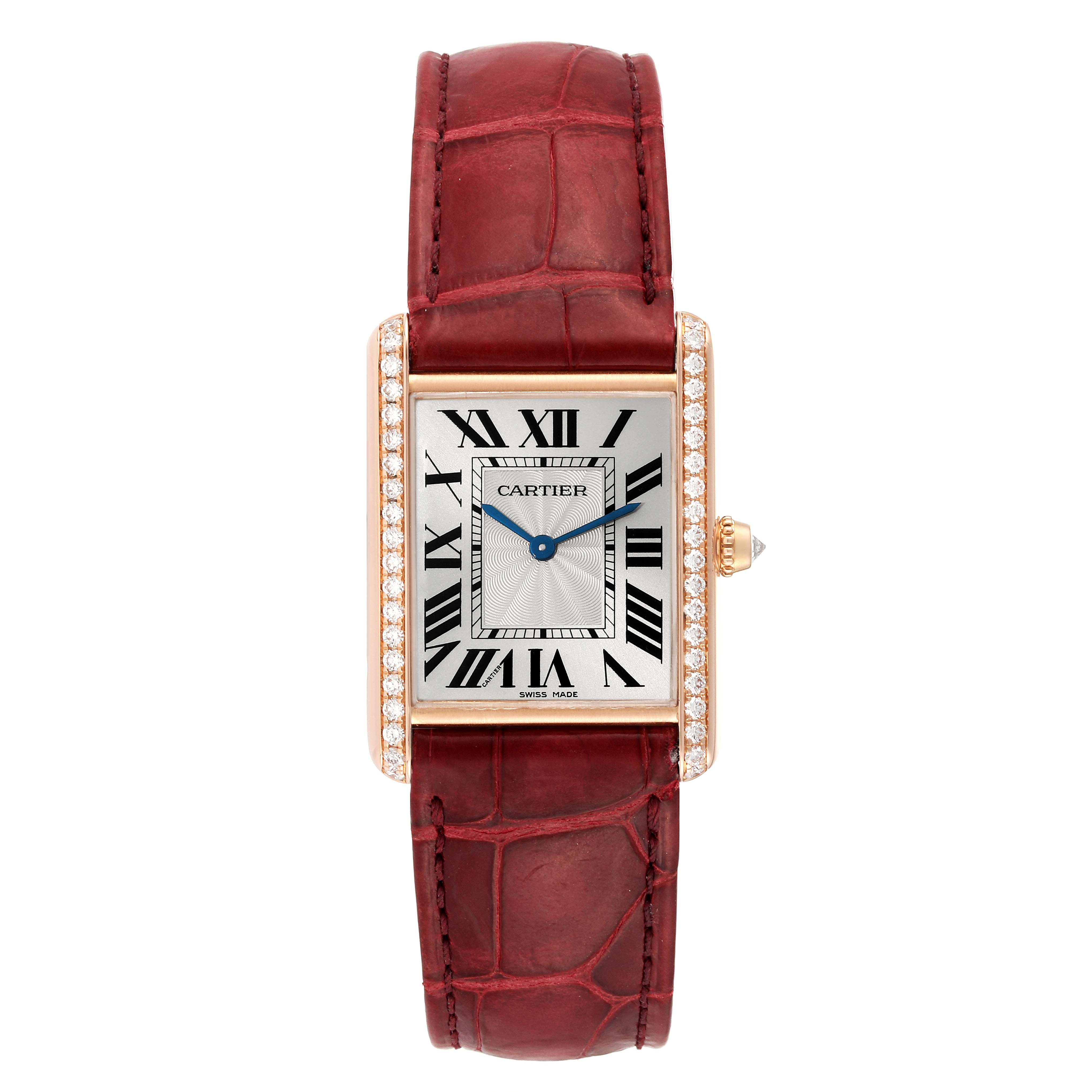 This image shows a front view of the Tank Louis model by Cartier, featuring a rectangular face, Roman numerals, and a red leather strap.