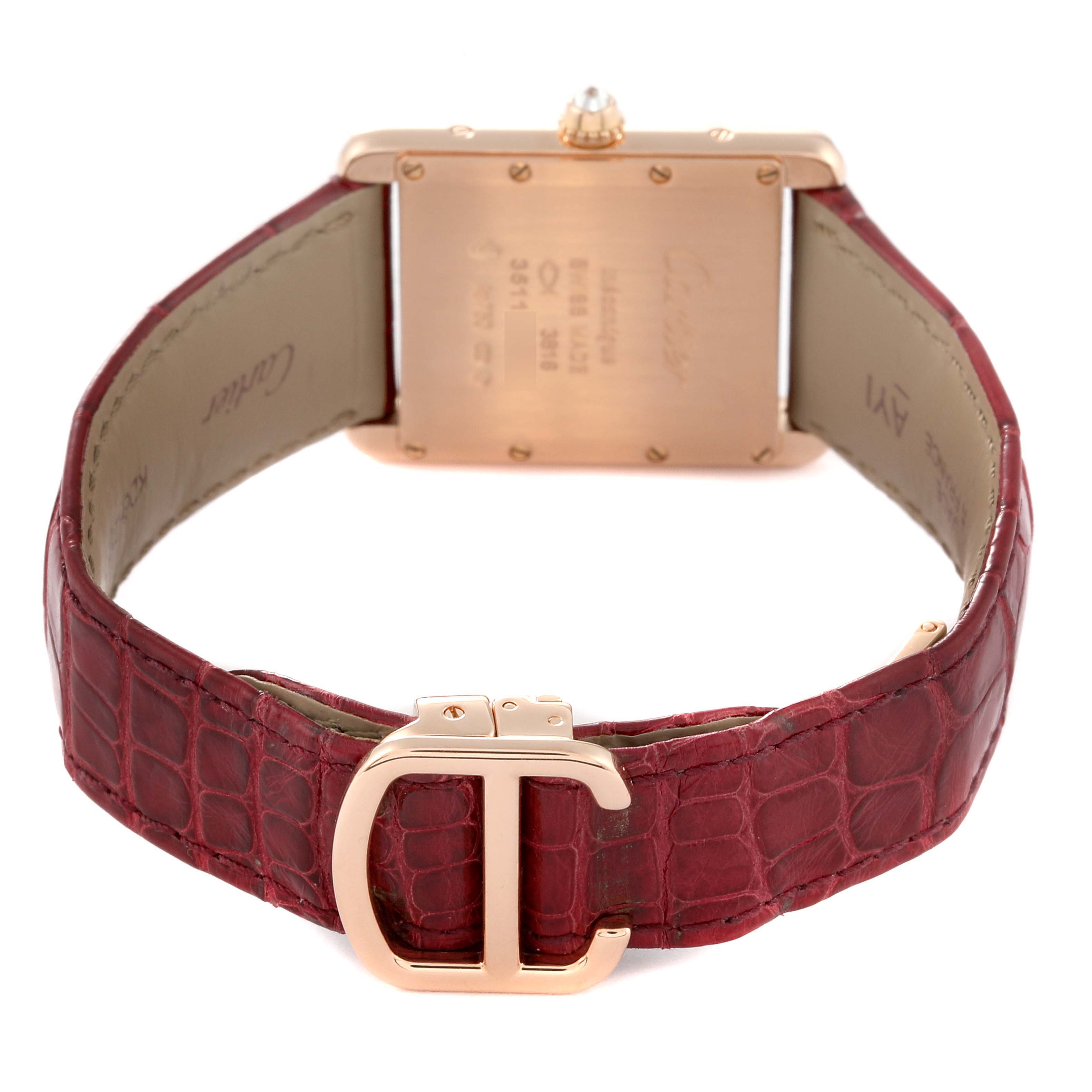 The image shows the back of a Tank Louis model by Cartier, highlighting the leather strap and clasp.