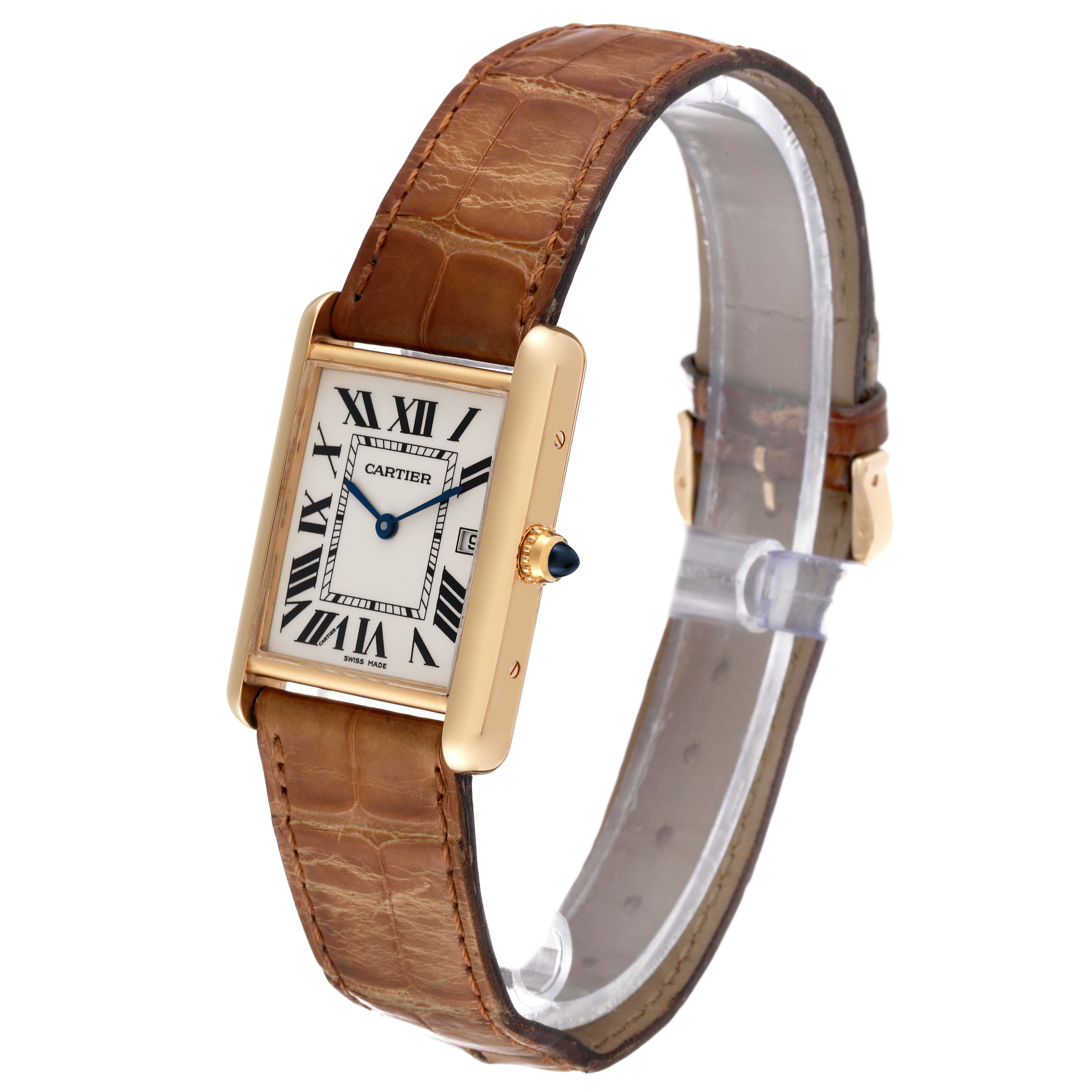 The image shows a Cartier Tank Louis W1529756 Men's Yellow Gold Silver Dial W1529756 Men's Yellow Gold Silver Dial model watch at an angled view, displaying its rectangular face and brown leather strap.