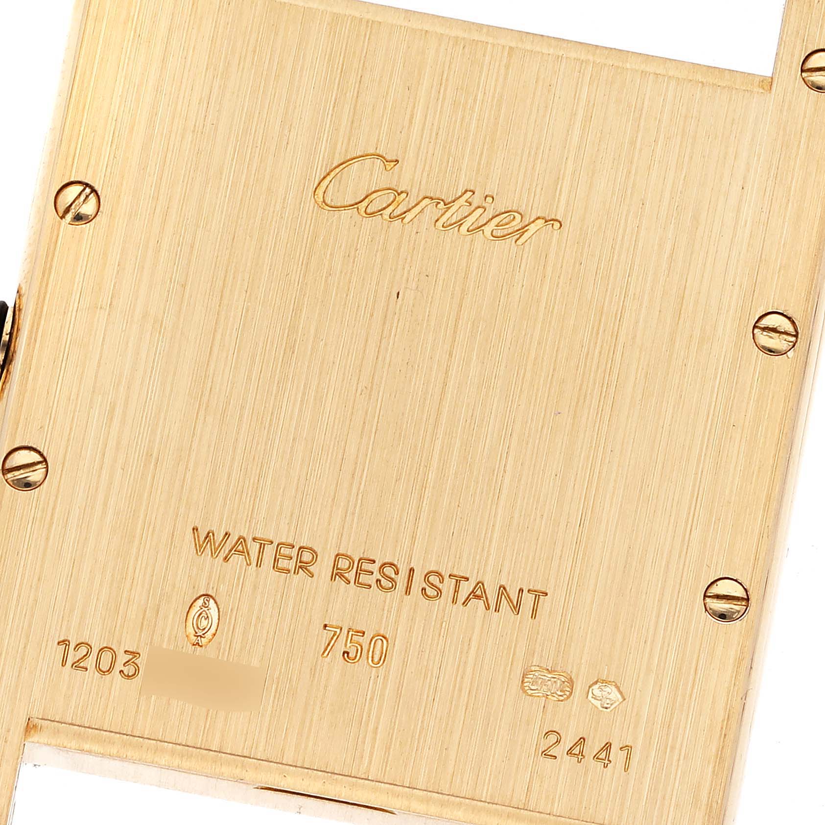 This image shows the back case of a Cartier Tank Louis W1529756 Men's Yellow Gold Silver Dial W1529756 Men's Yellow Gold Silver Dial watch, showcasing engravings and hallmark details.