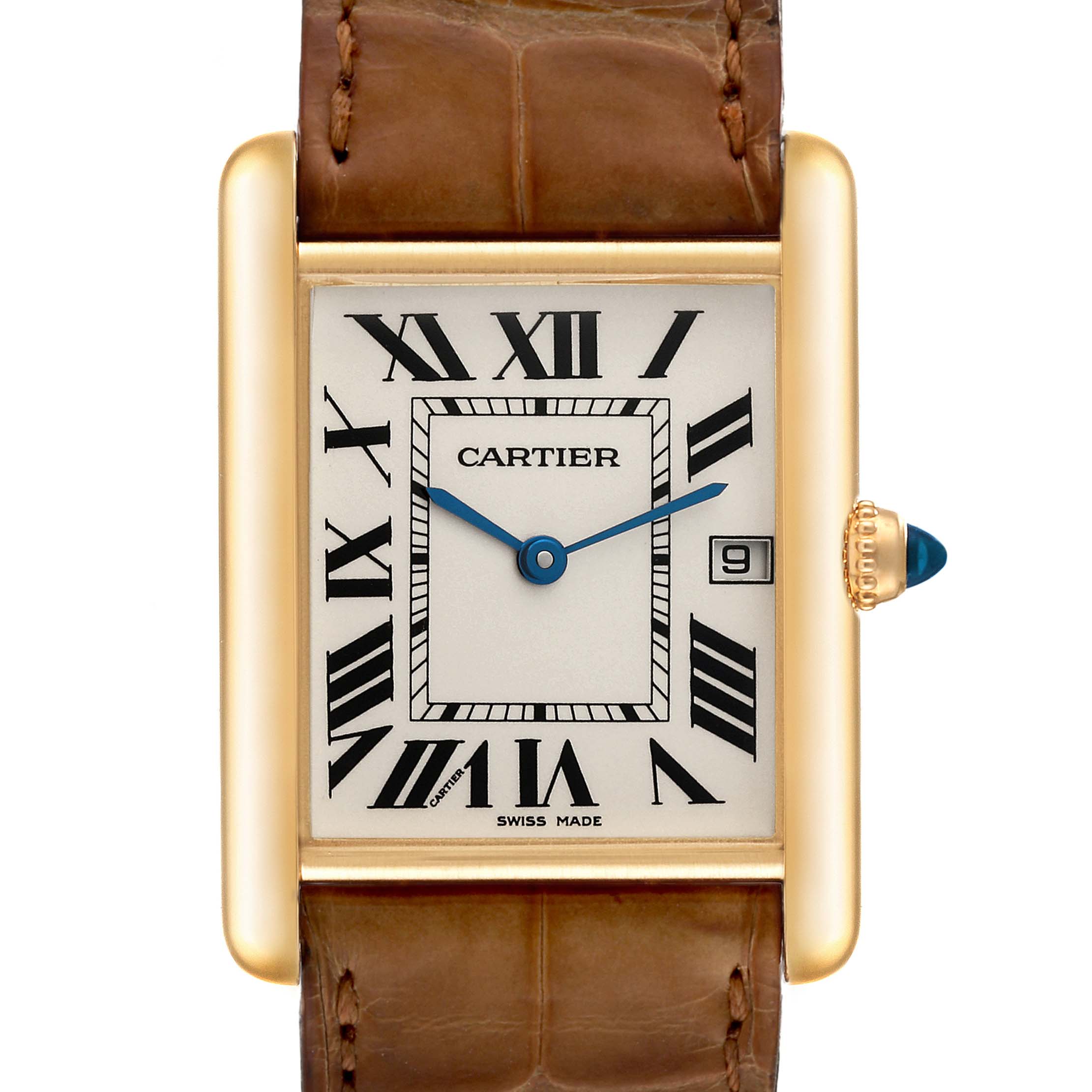 The image shows the front view of the Cartier Tank Louis W1529756 Men's Yellow Gold Silver Dial W1529756 Men's Yellow Gold Silver Dial model, displaying the dial and part of the leather strap.