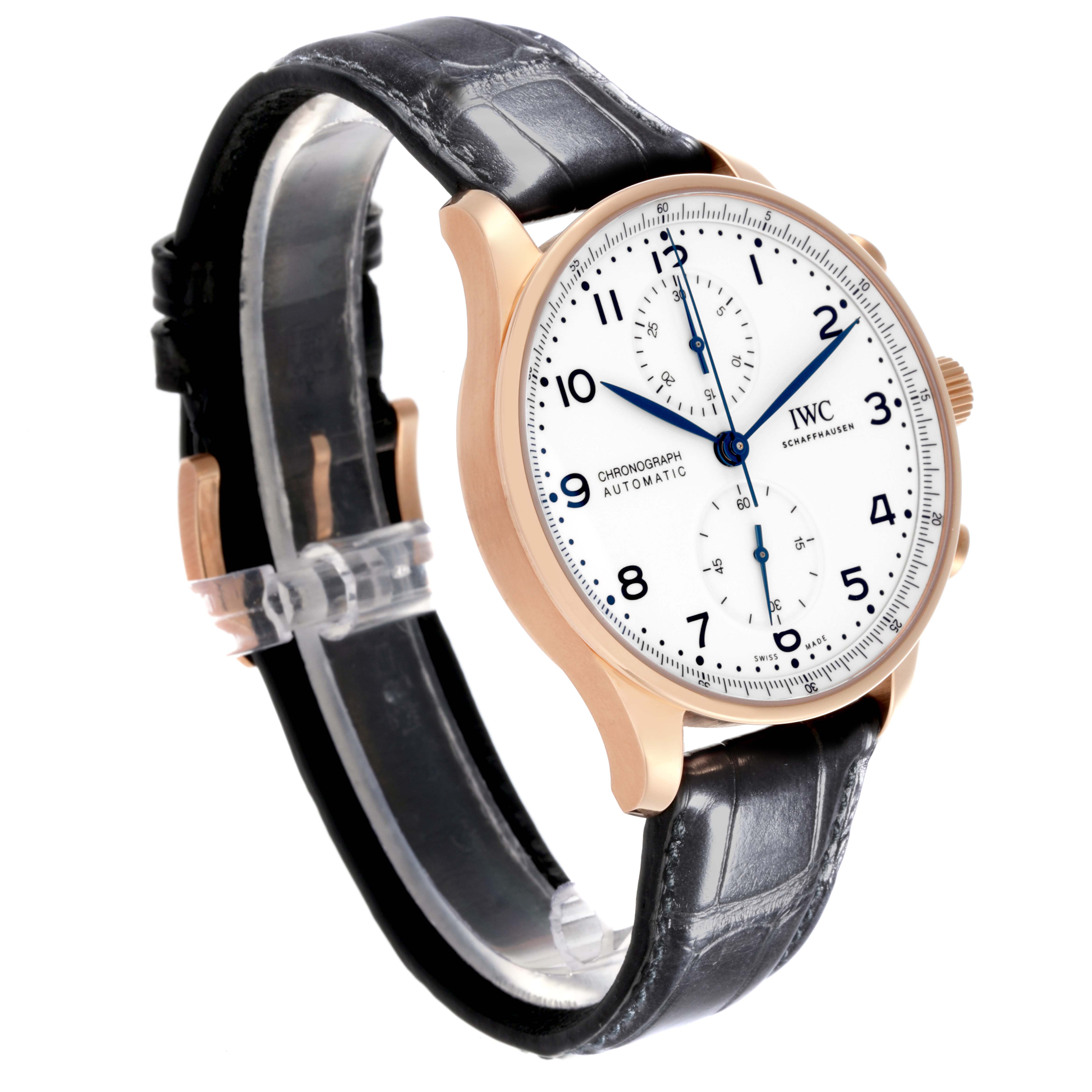The IWC Portuguese IW371603 Men's Rose Gold White Dial IW371603 Men's Rose Gold White Dial model watch is shown at a three-quarter angle, highlighting the dial, case, crown, and leather strap.